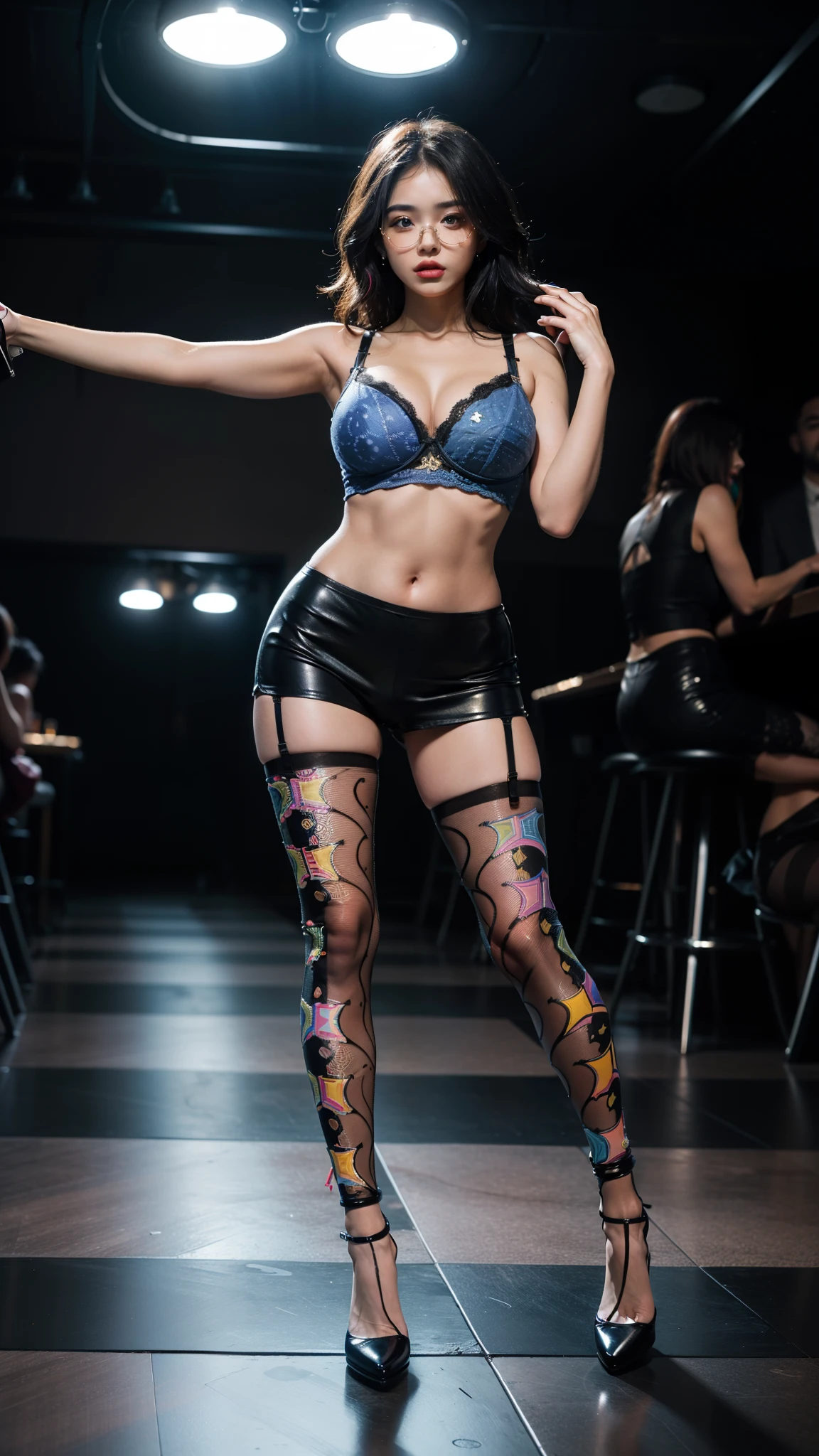 ,(full body:1.5),(((only one girl)):1.4),(view the viewer:1.4),((anatomy correct):1.45),(((dancing in the night club, Perfectly integrated background))):1.3),(she wears large glasses and Holding bra & pantie in her hand:1.2),(shy:1.15),((leather set):1.2),(((((((patterns)))))) ,((thick pantyhose)):1.3),(high heels leather shoes:1.1),((Long legs and large chest):1.3),((((colorful))):1.4),(Accurate and perfect face:1.3),((black short hair):1.2),hyper HD, Ray traching, reflective light, structurally correct, Award-Awarded, high detail, lighten shade contrast, Face lighting ,cinematic lighting, masterpiece, super detailing, high quality, high detail, best quality, 16k,High contrast,