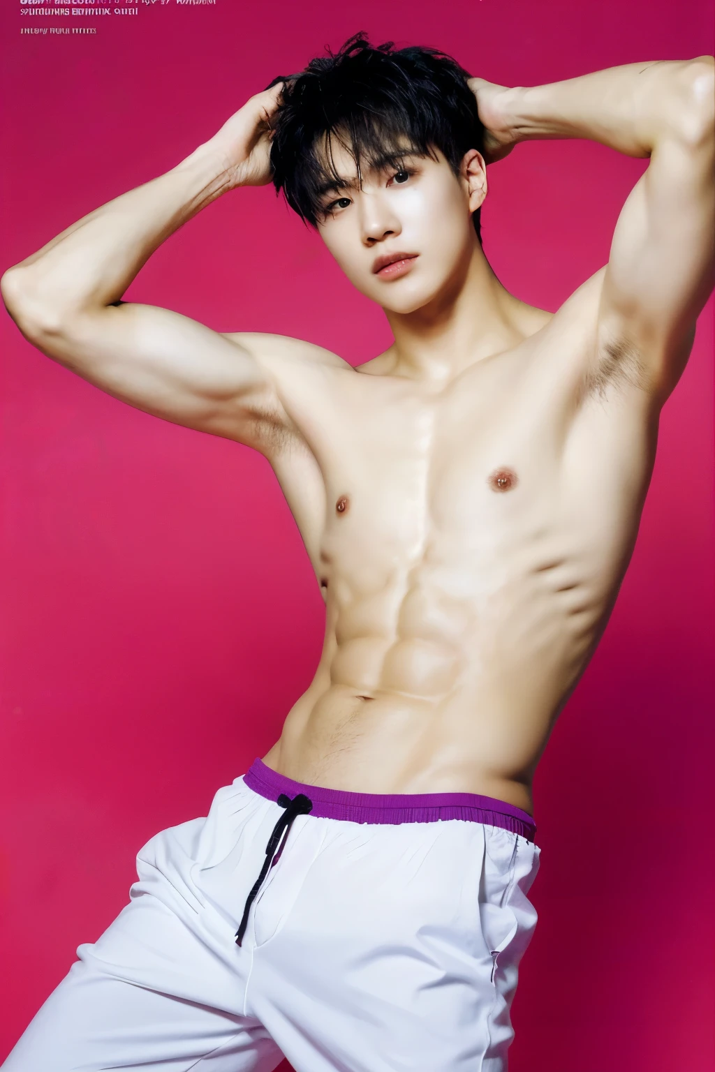 Full colorful studio light background and backdrop,magazine photo,sexy abs pose,no text,abs shirtless,shirtless monochromatic short suit,Handsome korean male,Center-parted hairstyle,a cassock,worship,angle tilted to the side,