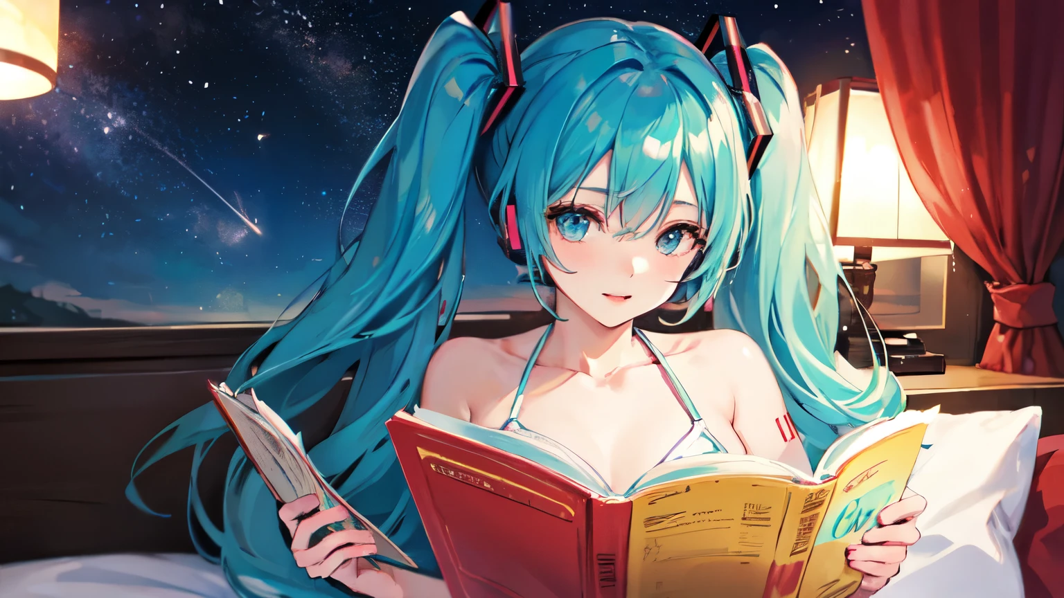 Beautiful starry sky、Reading in bed、Hatsune Miku in a bikini。4K
