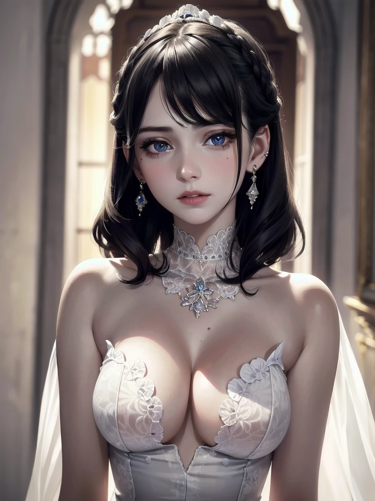 absurdres, RAW photo, extremely delicate and beautiful, masterpiece, Best Quality, ultra high resolution, 32k, hyperrealistic, ultra-detailed, detailed description, pale skin, 20 years old, detailed beautiful face and eyes, tearful mole, earring, Colossal tits, short medium hair, wavy hair, full body shot, alone, Victorian, dress,