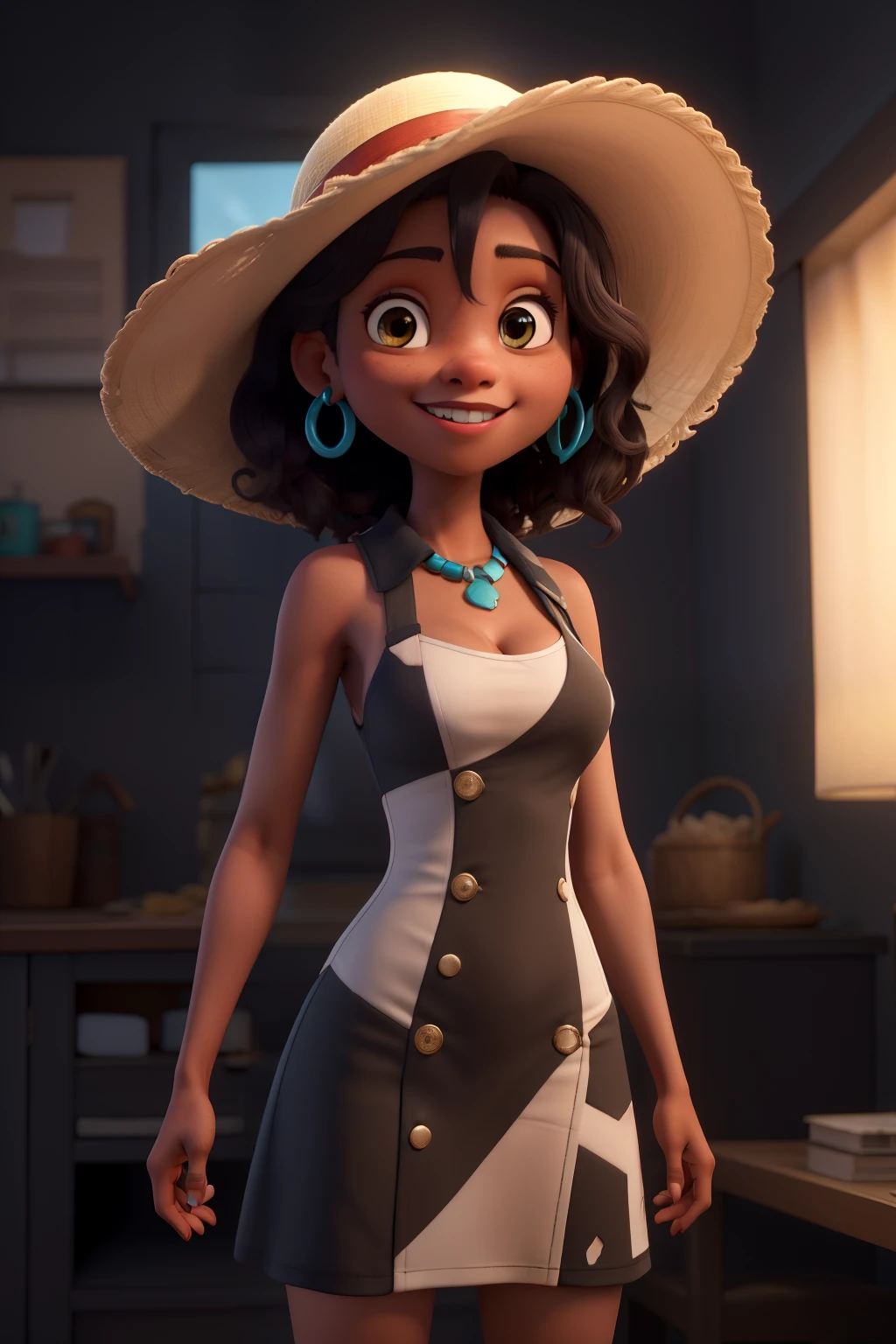 melhor qualidade, high resolution, extremamente detalhado,sem fundo, cinematic lighting, 1 garota, negra, olhando para o espectador, vestido branco, sunhat, sorriso, avatar.