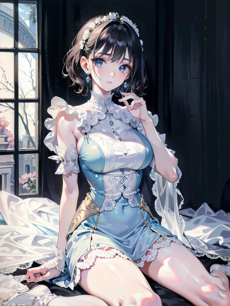 absurdres, RAW photo, extremely delicate and beautiful, masterpiece, Best Quality, ultra high resolution, 32k, hyperrealistic, ultra-detailed, detailed description, pale skin, 20 years old, detailed beautiful face and eyes, tearful mole, earring, Colossal tits, short medium hair, wavy hair, full body shot, alone, Victorian, dress,