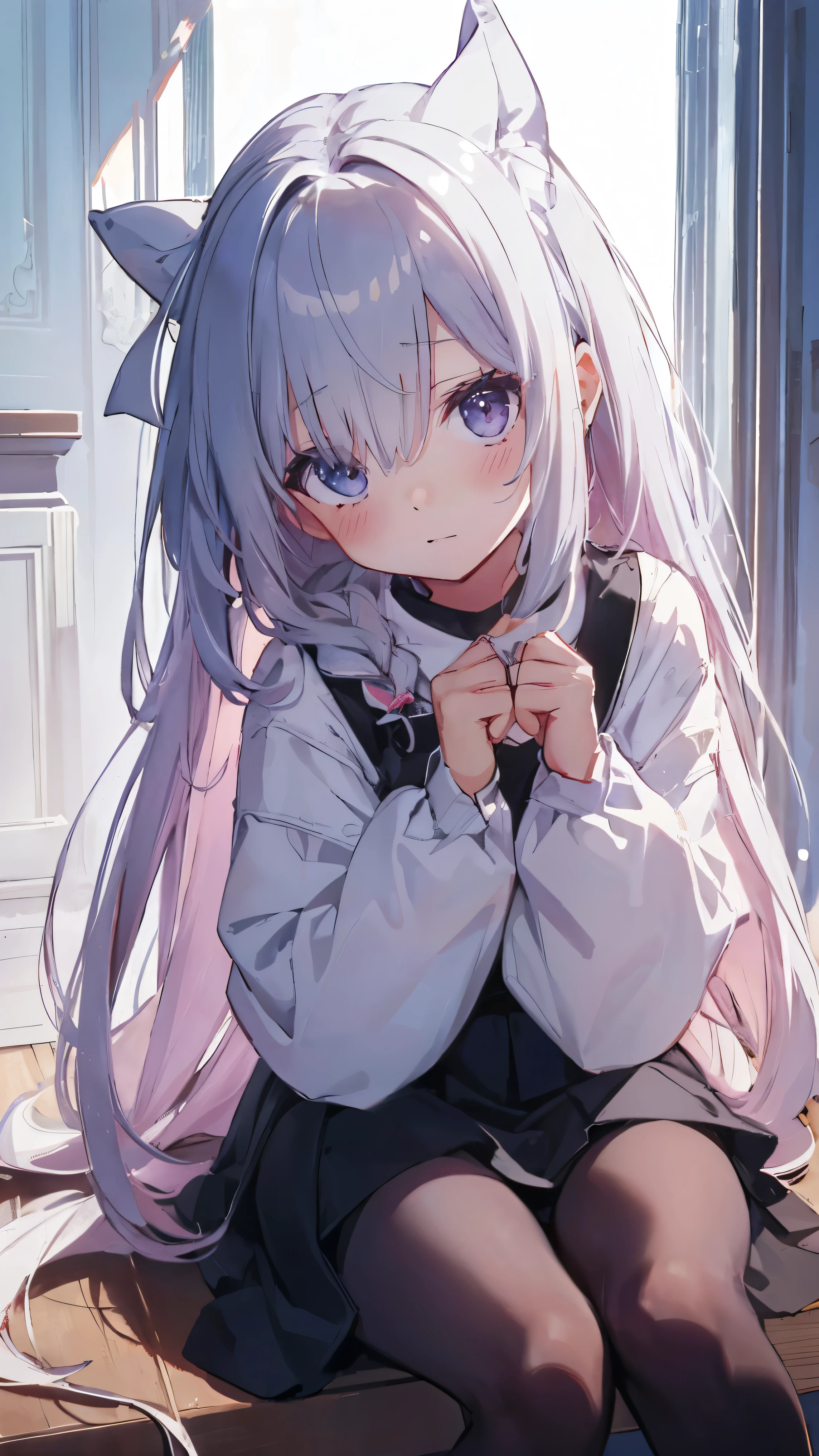 Masterpiece、Highest quality、highest quality、(((Lori)))、 ((((Petite))))、((Embarrassed))、Shiny hair quality、Small face、Sitting、Super detailed, beautiful, wide eyes、Ultra-detailed, clear and beautiful faces、(cute illustration:1.2), High-resolution, ultra-detailed, best quality, embarrassed、Thighs、Hand gestures