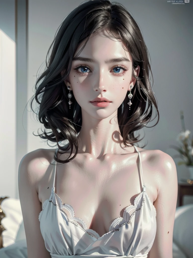 absurdres, RAW photo, extremely delicate and beautiful, masterpiece, Best Quality, ultra high resolution, 32k, hyperrealistic, ultra-detailed, detailed description, pale skin, 20 years old, detailed beautiful face and eyes, tearful mole, earring, Colossal tits, short medium hair, wavy hair, full body shot, alone, Victorian, dress,