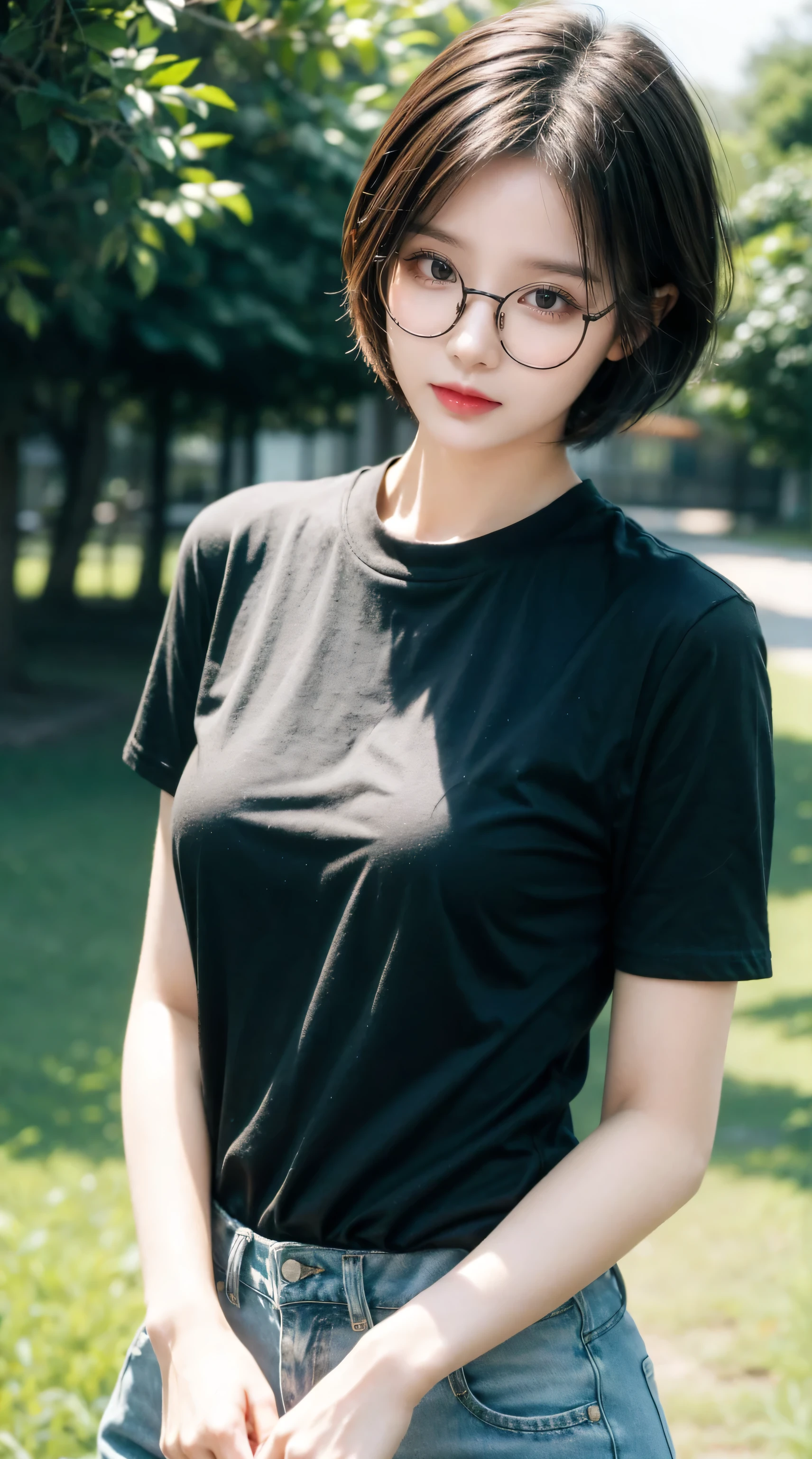 wearing glasses、Punk girl in dark shirt, Blurred green grass and trees in background, Brown short hair, Delicate face, high quality, high resolution
