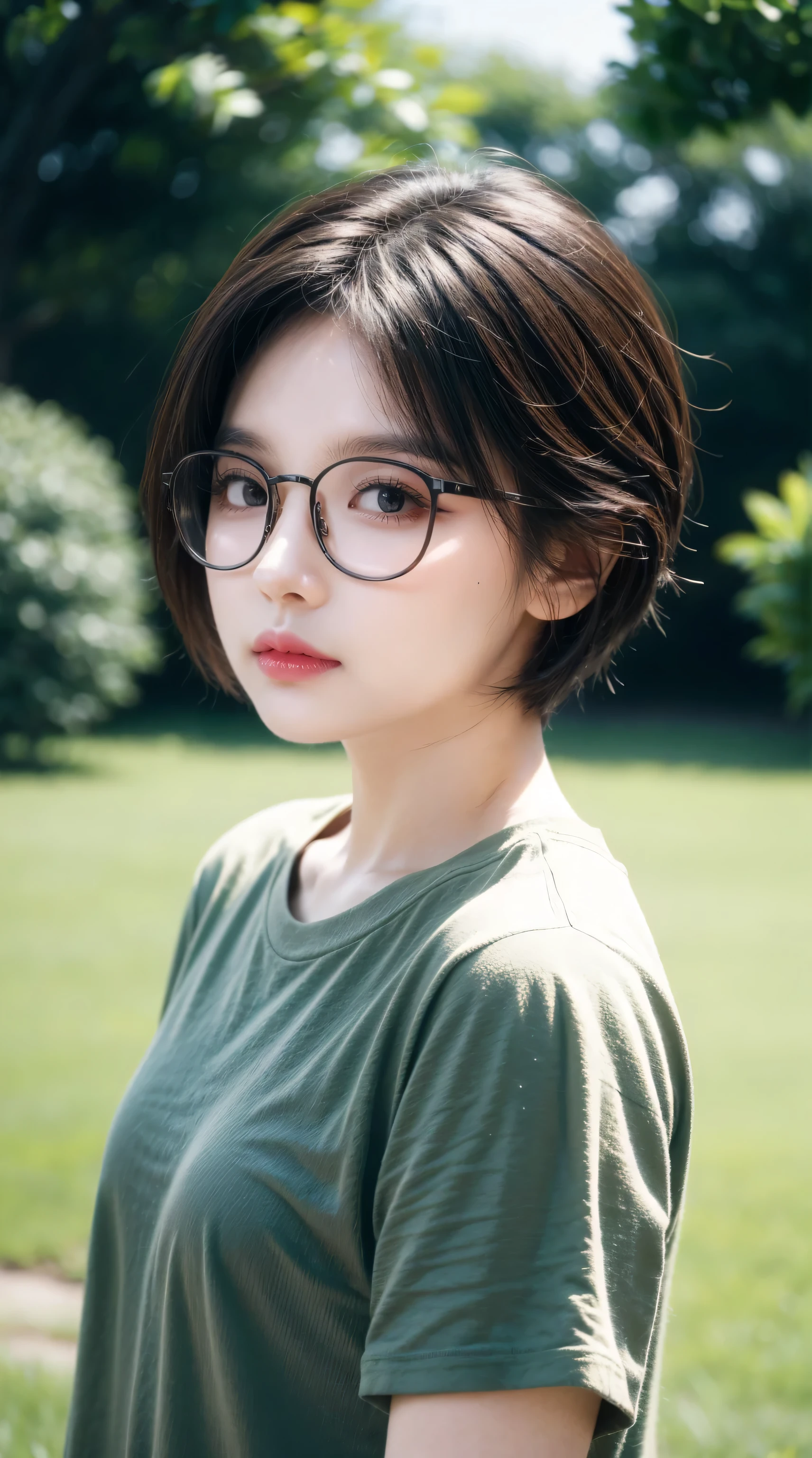 wearing glasses、Punk girl in dark shirt, Blurred green grass and trees in background, Brown short hair, Delicate face, high quality, high resolution
