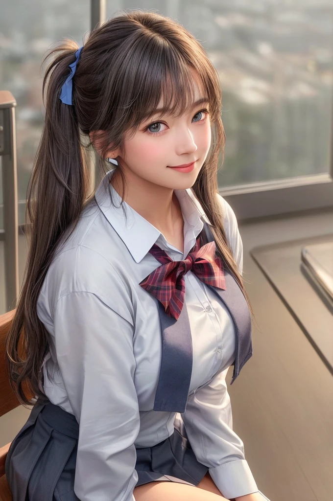 (grey long hair, well-proportioned facial features, enormous chest, smiling face, JK school uniform, upper body, side profile, sideways, in the classroom, sitting on a chair, chest occupies half of the frame, white school uniform on the upper body, red short skirt on the lower body, slightly curvy figure, blue eyes, twin tails, shy expression, chest occupies half of the frame, substantial, simple background, enormous sparrows) 

(best quality, 4k, highres, masterpiece:1.2), ultra-detailed, (realistic, photorealistic, photo-realistic:1.37), HDR, studio lighting, extreme detail description, professional, vivid colors, bokeh, portraits, grey-toned color palette, soft and warm lighting)