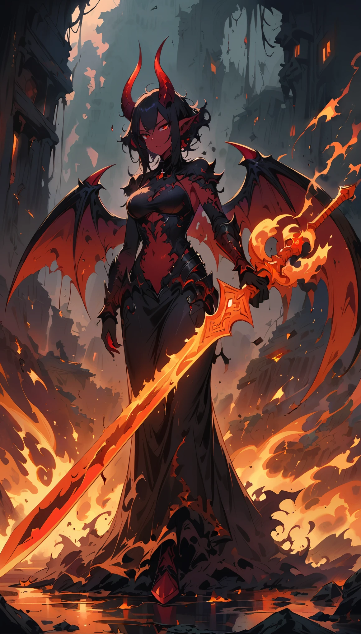 female Lava Demon,dark fantasy setting,red eyes,fiery Devil Wings,sharp horns,red Lava skin,ominous atmosphere,smoke and fire swirling around,Holding the Flame Sword,casting shadows, intense heat,crumbling ruins,Standing on the melting lava river,gloomy lighting,red and orange color palette,steaming hotness,consuming darkness,otherworldly power