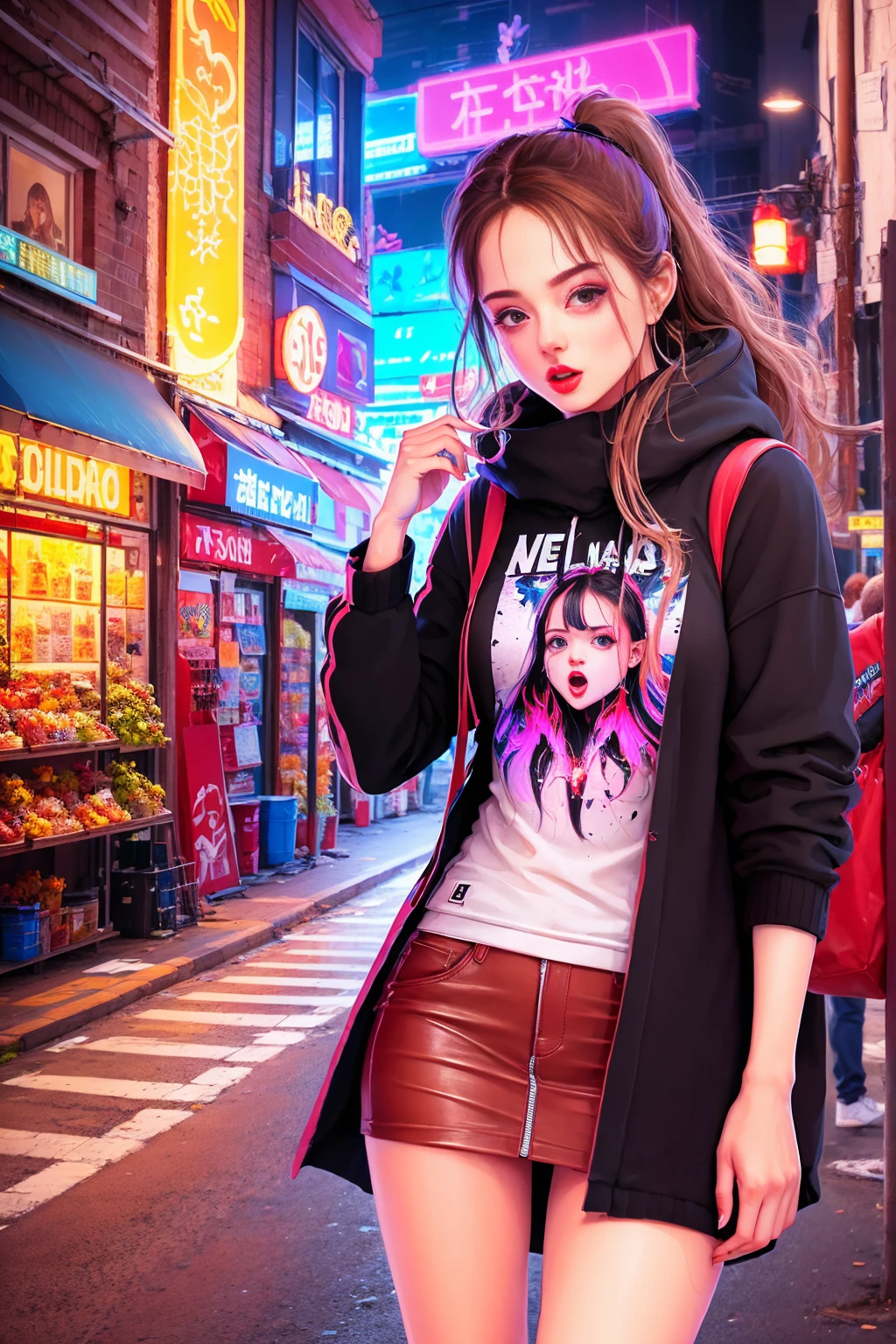 (high resolution:1.2),ultra detallado,realista,Sharp focus,vistoso,Paredes cubiertas de graffiti,street hastaist girl,ropa vibrante,cantando apasionadamente,energy efficiency,street hasta backdrop,urban atmosphere,escena callejera bulliciosa,ajetreo y bullicio, expresiones faciales expresivas, dynamic pose, accesorios originales, confident stage presence, attention-grabbing fashion style, unique street style, vida nocturna de la ciudad, neon lights illuminating, cultura de la moda callejera, youthful energy, multitud gritando, vibras positivas, hasta, zapatillas con estilo, cultura del graffiti urbano, calles salpicadas de pintura, escaparate del talento urbano, vivid colors, imagenes llamativas, alto energy efficiency, Electric atmosphere, musical expression, Estilo de vida urbano