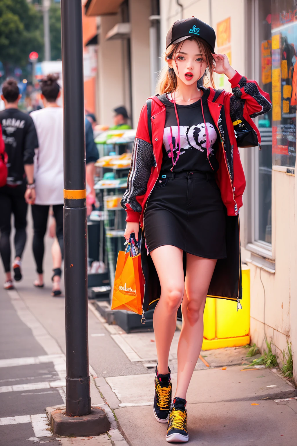 (high resolution:1.2),ultra detallado,realista,Sharp focus,vistoso,Paredes cubiertas de graffiti,street hastaist girl,ropa vibrante,cantando apasionadamente,energy efficiency,street hasta backdrop,urban atmosphere,escena callejera bulliciosa,ajetreo y bullicio, expresiones faciales expresivas, dynamic pose, accesorios originales, confident stage presence, attention-grabbing fashion style, unique street style, vida nocturna de la ciudad, neon lights illuminating, cultura de la moda callejera, youthful energy, multitud gritando, vibras positivas, hasta, zapatillas con estilo, cultura del graffiti urbano, calles salpicadas de pintura, escaparate del talento urbano, vivid colors, imagenes llamativas, alto energy efficiency, Electric atmosphere, musical expression, Estilo de vida urbano