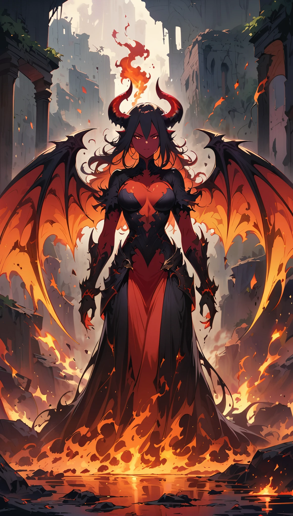 female Lava Demon,dark fantasy setting,red eyes,fiery Devil Wings,sharp horns,red Lava skin,ominous atmosphere,smoke and fire swirling around,casting shadows, intense heat,crumbling ruins,Standing on the melting lava river,gloomy lighting,red and orange color palette,steaming hotness,consuming darkness,otherworldly power