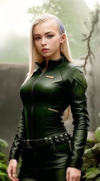 (thin: 1.3) Portrait of a female jungle commando, (blonde: 1.1), (shaved head: 1.35), black, (earrings, spikes, helmet, zippered sunglasses: 1.2), (wet: 1.2), (military equipment: 1.3) dark, gritty, gloomy, militaristic, (looking_at_ viewer: 1.3), Solo, Rainy Day, Bokeh, Dramatic Lightning, (Jungle Background: 1.2), ABS, Very Detailed, Masterpiece, Best Quality, 8k, (Oily Skin, Cell Shadow: 1.3), Color Line Drawings, (Art by Maciej Kuciara: 1.15), Art by Greg Rutkowski
