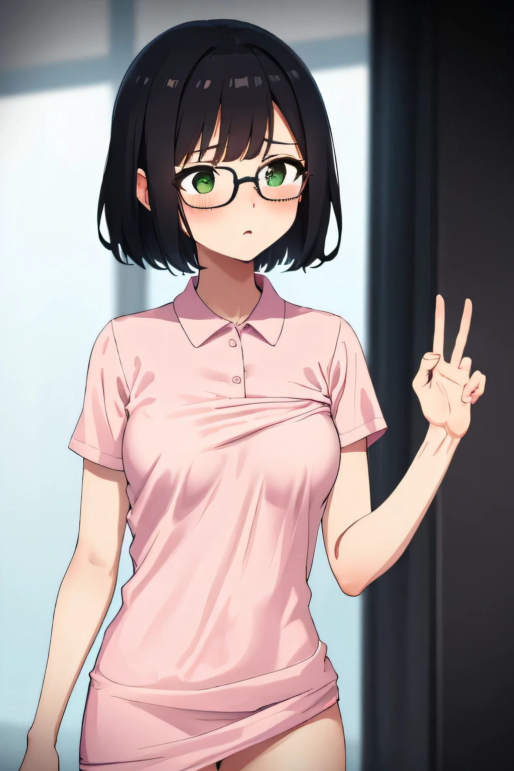 In town,Small breasts that can be rolled up,Black Hair,short hair,Green Eye Glasses,(Pink polo shirt, Short sleeve, naked), (High resolution, high quality:1.1), Intricate details, 1 girl,(blush,Embarrassing)Lots of people around, perfect fingers