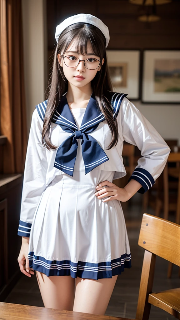 (Tabletop, highest quality:1.2), 8k, Official Art, RAW Photos,Glasses、  (whole body, Sailor suit,:1.4), beautiful girl, Idol&#39;s face, Pleated skirt, ,  Big Breasts　Short sleeve,  Cinema Lighting, Detailed face, Background blur, 1 girl,((Spread your legs out to the sides:1.8))