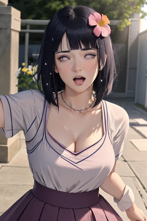 masterpiece, absurd, Hinata\(Boruto Naruto Next Generations\), 1 Girl, Solitary,Mature female, V-neck tight T-shirt, High waist skirt, Looking at the audience, (Falling Flowers), perfect composition, detailed lips, , Pretty Face, Body Proportions, blush, (Pink lips), Long hair, Purple Eyes, Gentle eyes, Super realistic, detailed, photo shoot, Realistic face and body,((Awkward, blush, charming, Close your eyes, open mouth,Tongue,with tears in eyes, Saliva residue,The hem of the skirt is wet, Brushed,)Large Breasts、Low-cut,Cleavage, Wide hips,)The Last Vision, Ultra-high resolution,4K,Super detailed, photography, 8k, HDR, high resolution, absurd:1.2, Kodak Portrait 400, Film Grain, Blurred background, Bokeh:1.2, lens flare, (Energetic_color:1.2),专业photography师