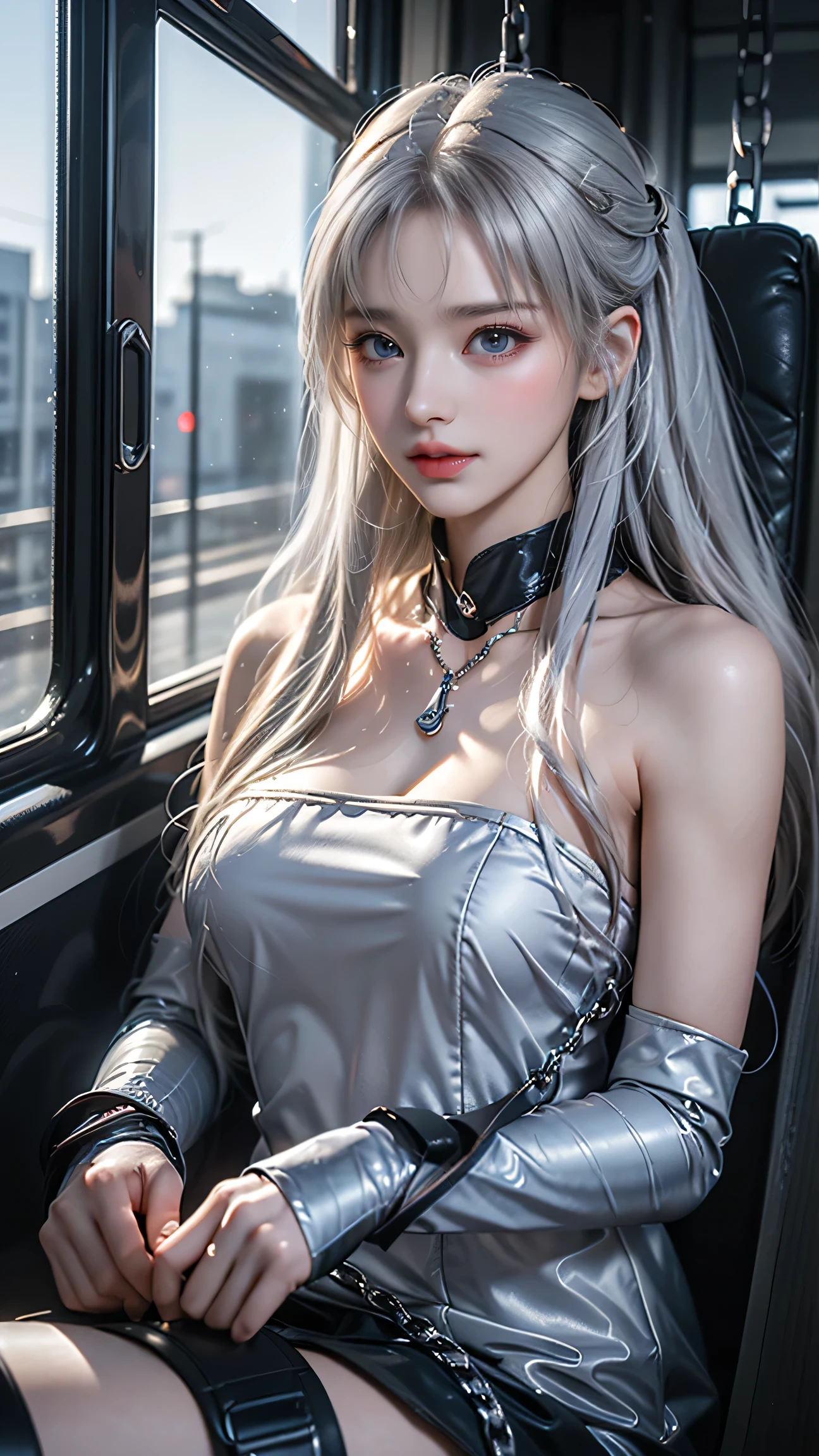 (RAW shooting, Photorealistic:1.5, 8K, Highest image quality, masterpiece, Ultra-high resolution), Perfect dynamic composition:1.2, Night Street Corner, Looking up at the sky:1.3, ((Heavy rain from a typhoon)), Highly detailed skin and face textures:1.2, 雨にwetスリムな女子高生:1.3, Sexy beauty, Perfect Style:1.2, Aesthetic and beautiful, Fair skin, Very beautiful face, (Rain dripping all over my body:1. 2, wet髪:1.4, wet:1.2), Water droplets on the skin, (Medium chest, Chest gap), (Shy laugh, The expression when feeling intense caressing, Facial expression when feeling pleasure), (Beautiful blue eyes), Perfect body, Perfect fingertips(Girl sitting on train seat)、Best quality work,Actual work,Ultra Premium Graphics,8K HD CG works,High quality graphics,High-definition CG works,10x pixels,Extremely fine detail:1.1,Advanced Technical Details:1.1 Photorealistic,Indoor lighting effects:1.5,Natural light:1.5. Light effects(virtual Light effects:1.8),(Golden white short hai(RAW shooting, Photorealistic:1.5, 8K, Highest,((wet白いブラウス))、((wet黒いタイトスカートミニ))、((White panties are visible)),((Girl sitting on the deck of a ship)),photograph,Sharpness,unique 850 4, Koda 850k Portrait Camera, F1. mm lens、Ultra-realistic texture、Spectacular light texture、((The left leg was restrained、Beautiful woman hanging from chains))、(Tears flow、Crying in pain)、His head is restrained by a chain hanging from the ceiling and handcuffs。 Long legs、Long hair blowing in the wind、Brown Hair、Torn Cyber Long Boots、Torn Cyber Gloves:1. 1)、((横棒のHighest image quality、live-action、Ultra Premium Graphics、8K HD CG Works、High-quality graphics、High-definition CG works、10x pixels、Ultra-fine details:1.1、Advanced technical details:1.1 Photorealistic、Indoor lighting effects:1.5、Natural light:1.5. Light Effects(Virtual Light Effects:1.8),長いSilver Hair,Silver Hair,Transparent Hair,Hair with attention to detail(Premium Hair Detail:1. 1)Clear Eyes、Beautiful double eyelids、Sharp eye makeup、Delicate eyelash makeup、Thin eyebrows、Eye for detail、High nose、Clean red lips、Rose's Cheeks、Delicate makeup face、Cute Face、Perfectly balanced face、(Advanced Face Detail:1. 1),Highest quality work,Actual work, DeepL.featuring(Free version)Translated by。