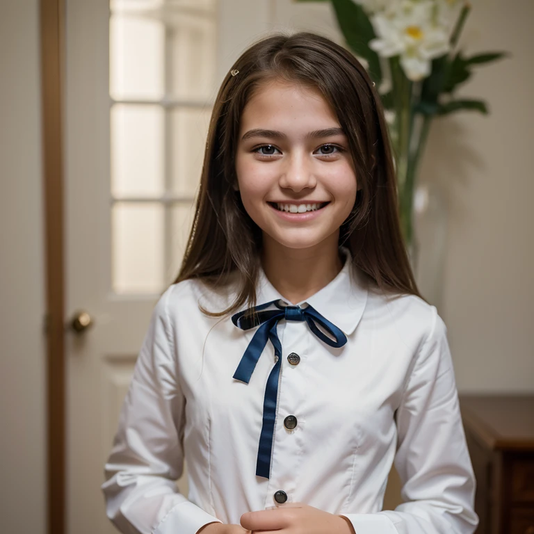 (best quality)), ((masterpiece)), (detailed), perfect face, , caucasian, young girl, dressed formally, smiling showing teeth, Canon EOS 5D Mark IV DSLR, f/5.6 aperture, 1/125 second shutter speed, ISO 100 --ar 2:3 --q 2 --v 4