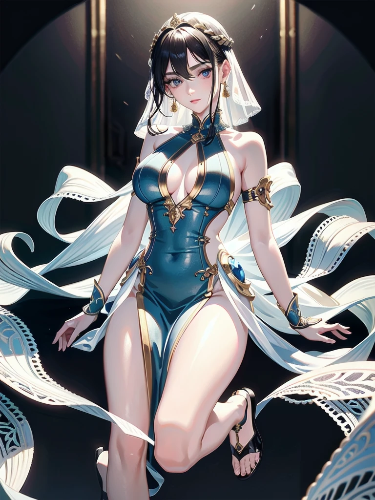 absurdres, RAW photo, extremely delicate and beautiful, masterpiece, Best Quality, ultra high resolution, 32k, hyperrealistic, ultra-detailed, detailed description, pale skin, 20 years old, detailed beautiful face and eyes, tearful mole, earring, (Colossal tits), short medium hair, wavy hair, (full body shot), alone, Victorian, dress,
