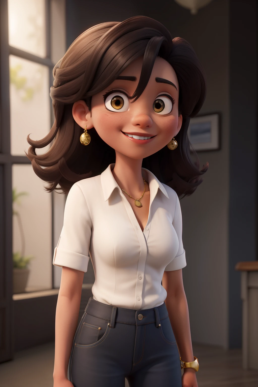 melhor qualidade, high resolution, extremamente detalhado, fundo branco, 1 garota, negra, olhando para o espectador, camisa branca, sorriso, cabelo liso.