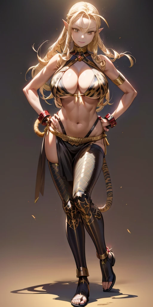 (Masterpiece, best quaility, 4k) (black gyaru darkest skin) (pointy ears) (tiger tail) (Selvaria Bles) wearing yellowish tiger print bikini, hands on hips, full body golden = (shackles wristbands, chains, bracers, handcuffs) leather collar choker, metal sandals, big knockers, happy closed mouth red cheeks