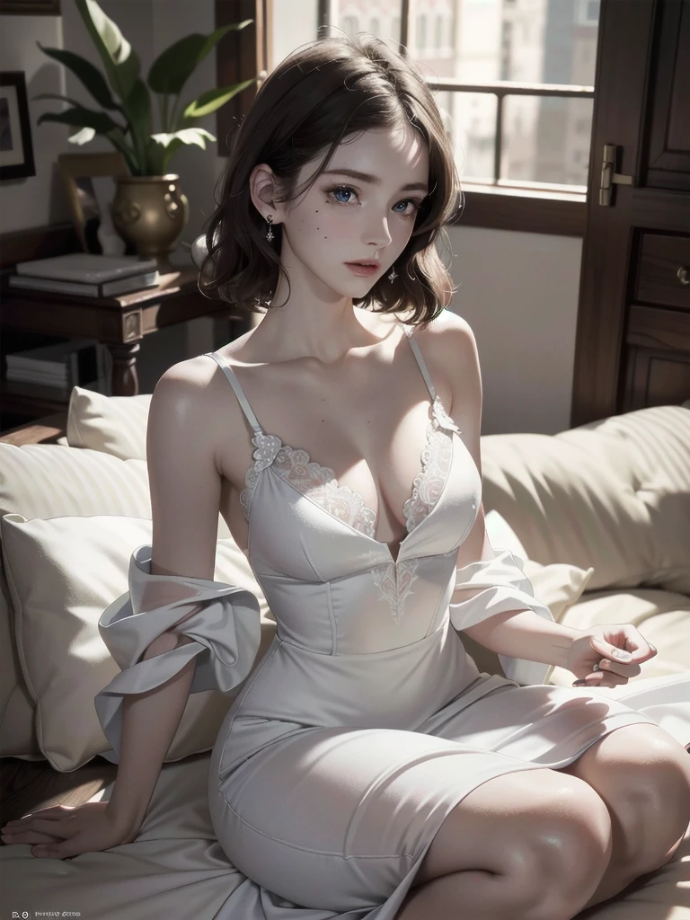 absurdres, RAW photo, extremely delicate and beautiful, masterpiece, Best Quality, ultra high resolution, 32k, hyperrealistic, ultra-detailed, detailed description, pale skin, 20 years old, detailed beautiful face and eyes, tearful mole, earring, (Colossal tits), short medium hair, wavy hair, (full body shot), alone, Victorian, dress,