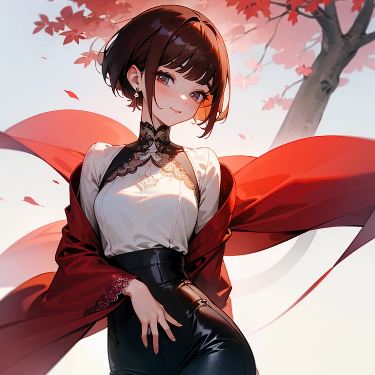 Reddish brown hair、Pixie Cut、Bob、Nape、Short nape、White lace high neck long sleeve blouse、Black jeans、Long eyelashes、Japanese、smile、fine、young、delicate、10th Generation、Slender girl、Earrings、Livelinesodest chest、