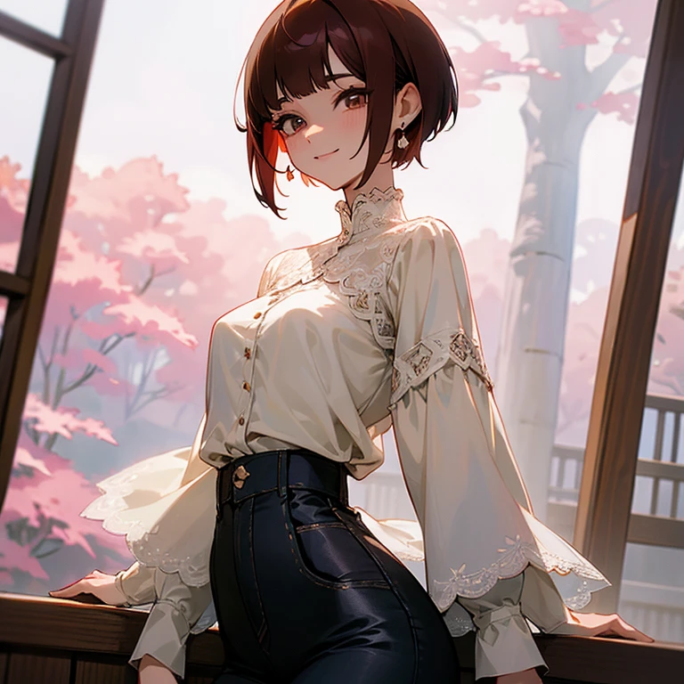 Reddish brown hair、Pixie Cut、Bob、Nape、Short nape、White lace high neck long sleeve blouse、Black jeans、Long eyelashes、Japanese、smile、fine、young、delicate、10th Generation、Slender girl、Earrings、Livelinesodest chest、