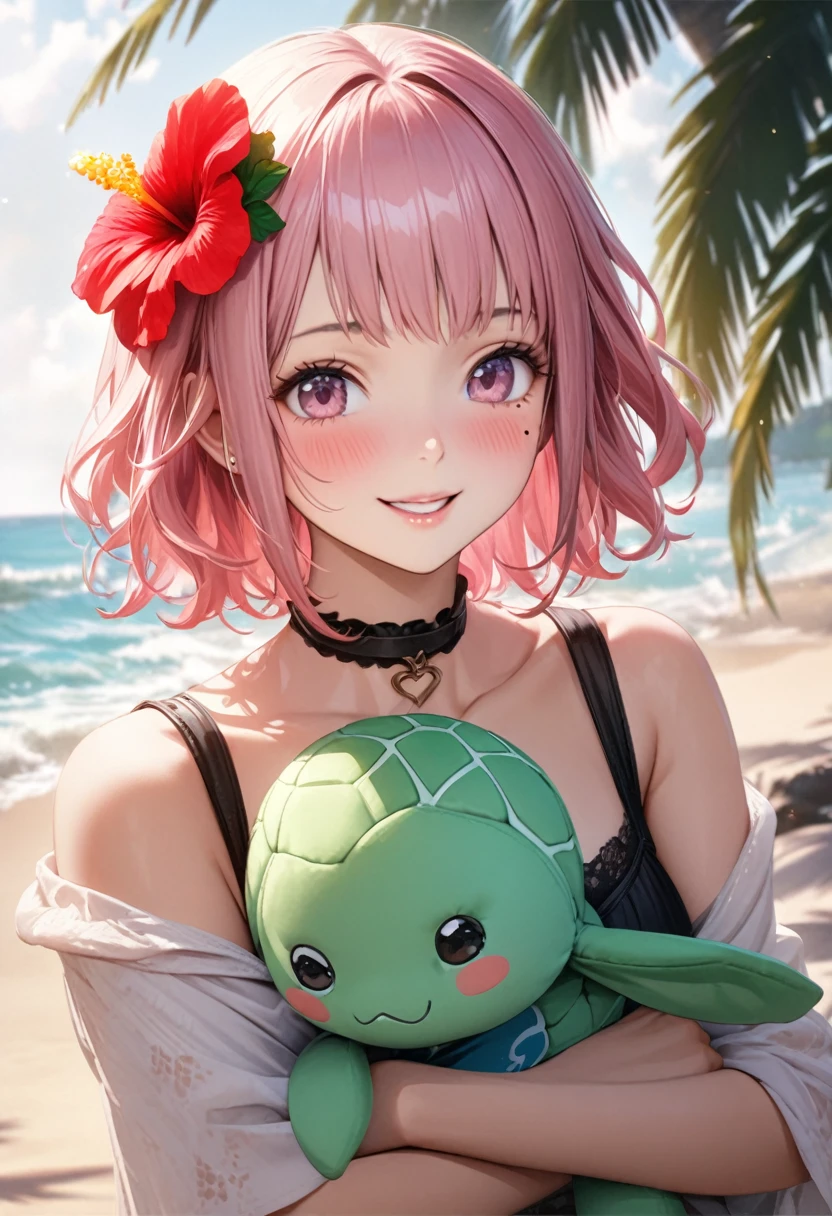 masterpiece, highest quality, Very detailed, High resolution, High resolution, High resolution, 4K, 8k, unity 8k wallpaper, Very detailed CG, masterpiece, Realistic, Beautiful details, depth, Fine texture, highest quality: 1.3, Total concentration, Perfect Skin, boyfriend, Very cute anime, Cute like an idol, 背のexpensiveピンクのセミロングヘア, One Girl, Aloha One Piece, Cute stuffed rabbit, Sea turtle stuffed toy, Palm tree, greeting, Hibiscus hair accessory, smile, morning, morning食, Long pink hair, whole body, Mole under the eye, sight, expensive, blush, Lips parted, His Art, Pink Eyes, choker