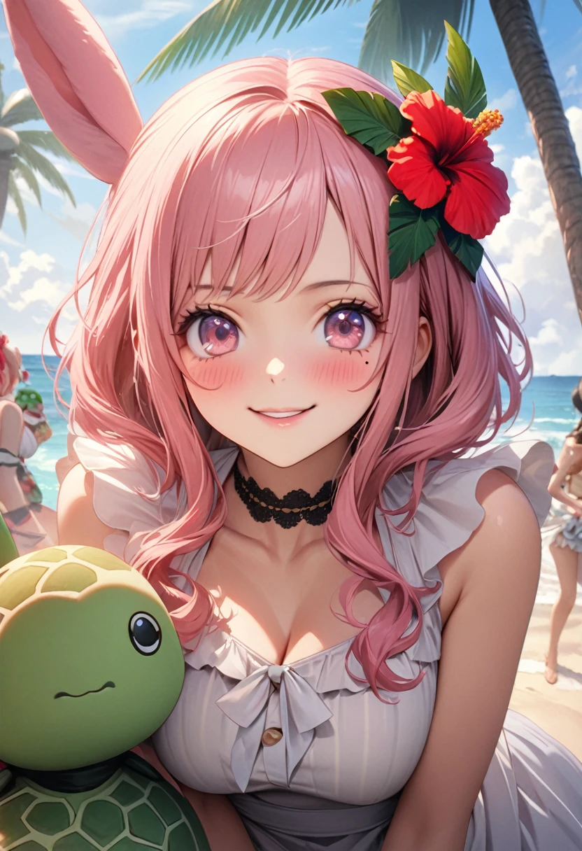 masterpiece, highest quality, Very detailed, High resolution, High resolution, High resolution, 4K, 8k, unity 8k wallpaper, Very detailed CG, masterpiece, Realistic, Beautiful details, depth, Fine texture, highest quality: 1.3, Total concentration, Perfect Skin, boyfriend, Very cute anime, Cute like an idol, 背のexpensiveピンクのセミロングヘア, One Girl, Aloha One Piece, Cute stuffed rabbit, Sea turtle stuffed toy, Palm tree, greeting, Hibiscus hair accessory, smile, morning, morning食, Long pink hair, whole body, Mole under the eye, sight, expensive, blush, Lips parted, His Art, Pink Eyes, choker