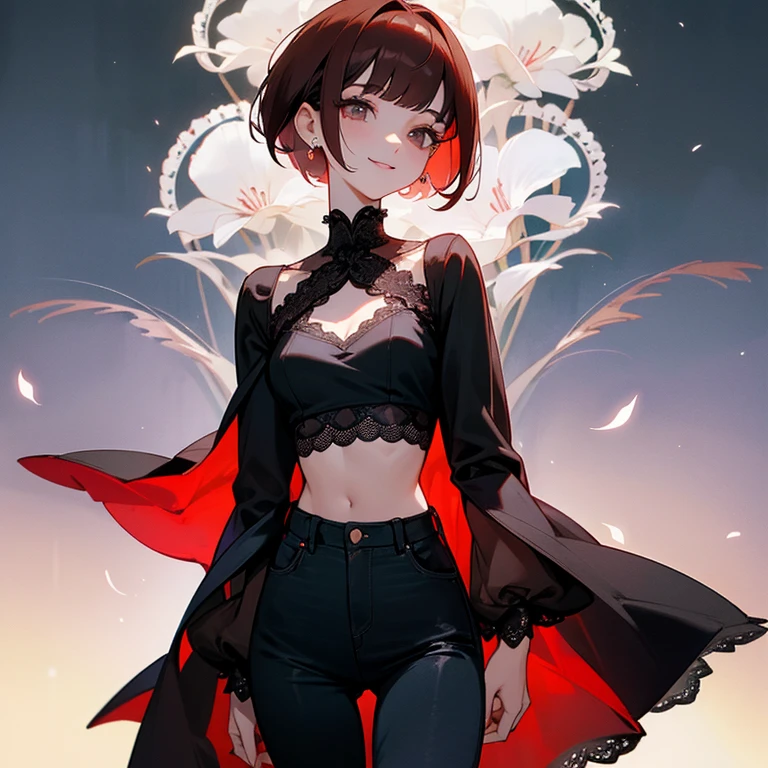 Reddish brown hair、Pixie Cut、Bob、Nape、Short nape、White lace high neck long sleeve blouse、Black jeans、Long eyelashes、smile、fine、young、delicate、10th Generation、Slender girl、Earrings、Livelinesodest chest、