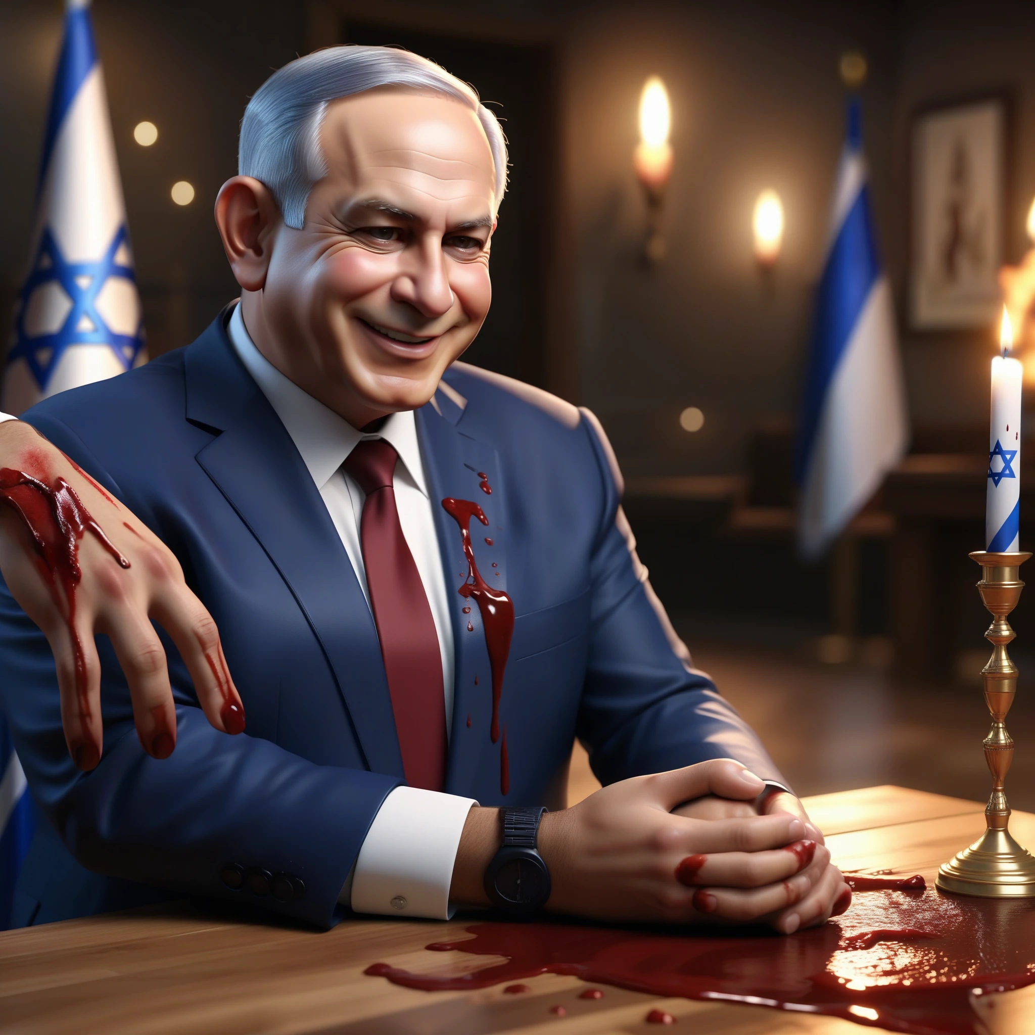 (masterpiece:1.2) (photorealistic:1.2) (bokeh) (best quality) (detailed skin) (intricate details) (8k) (high poly) (ray tracing) (cinematic lighting) (sharp focus),( full body:1.2), (half body:1.2) The truth of clean smiling Benjamin Netanyahu (trying to wipe blood from his hands:1.4), (malevolence:1.2) Israel flags