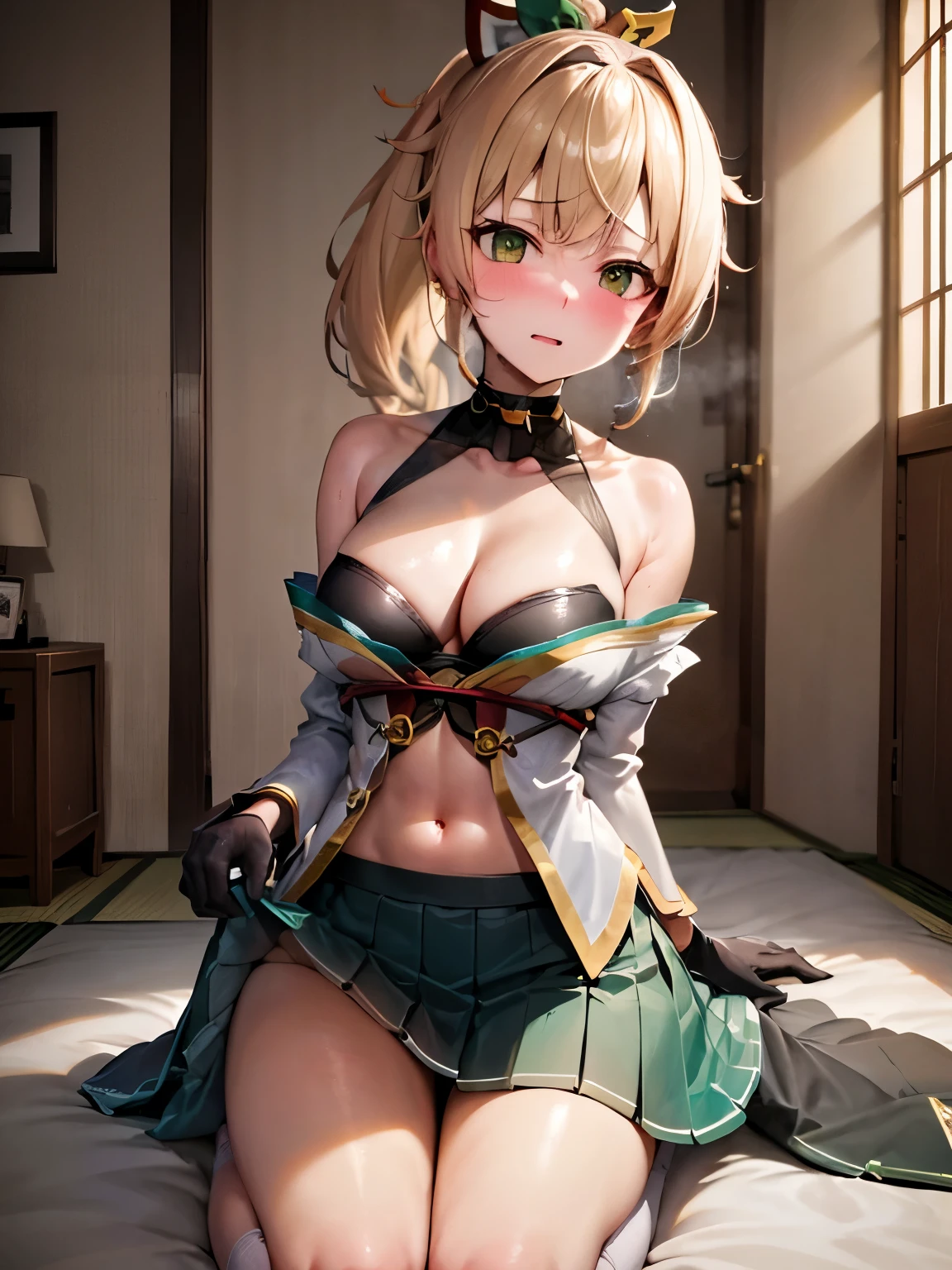 NSFW,Hololive,Kazema Iroha,Blonde,ponytail,hair ornaments,Headband,kimono,Bleaching,Haori,Belly button cover,Black gloves,Pleated skirt,Green skirt,White knee socks,Cleavage,Skirt Lift,seiza,Embarrassed,blush,Expectant gaze,Mansion at night,Japanese-style room,Futon,(Perfect hands),(Perfect Anatomy),(masterpiece),(highest quality)