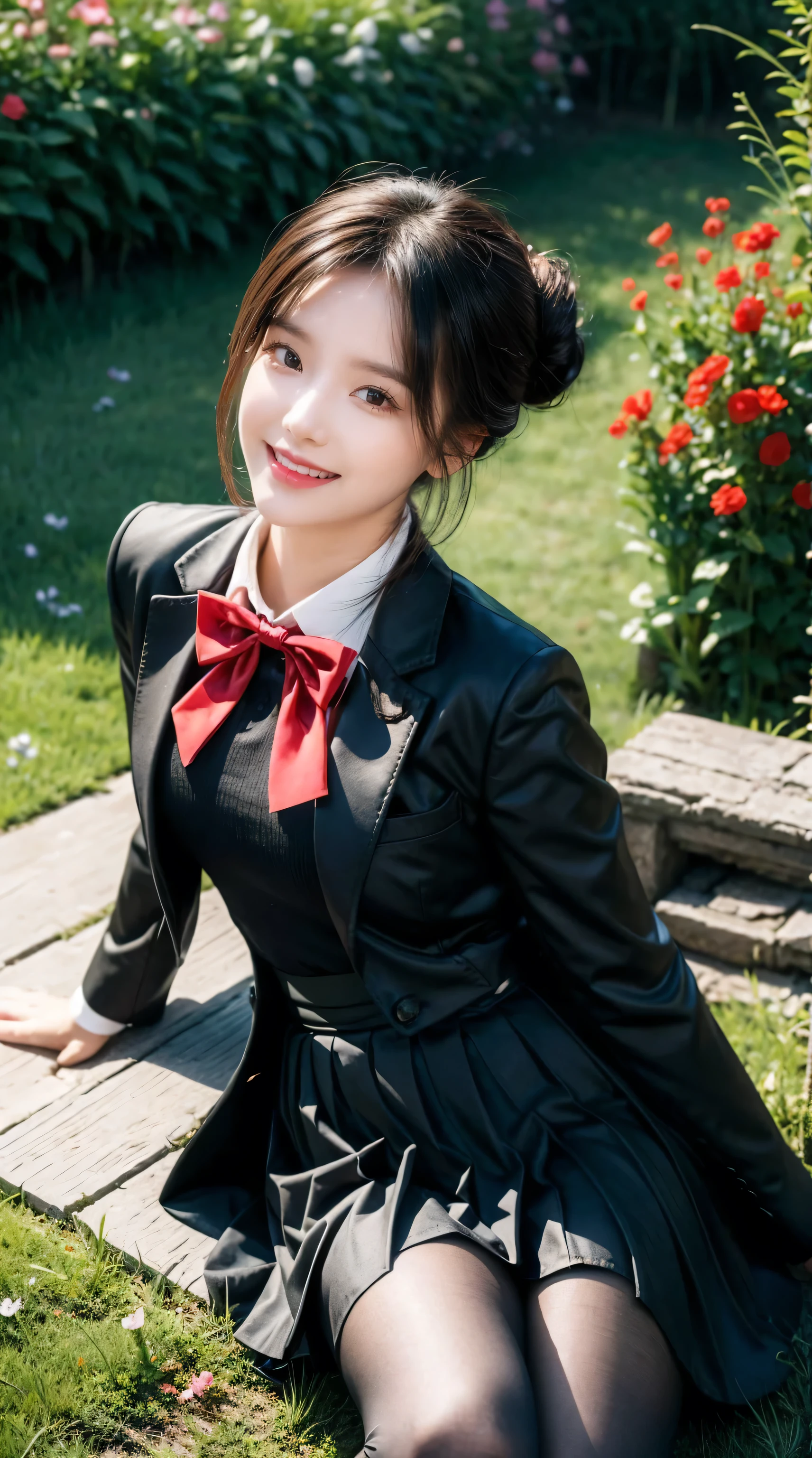 masterpiece, best quality, Fermonica, Hair Bun, Weaving, Red bow tie, Black jacket, Black skirt, Red pantyhose, Upper Body, from above, Supine, Grass, Looking at the audience, tired, Smile, garden 