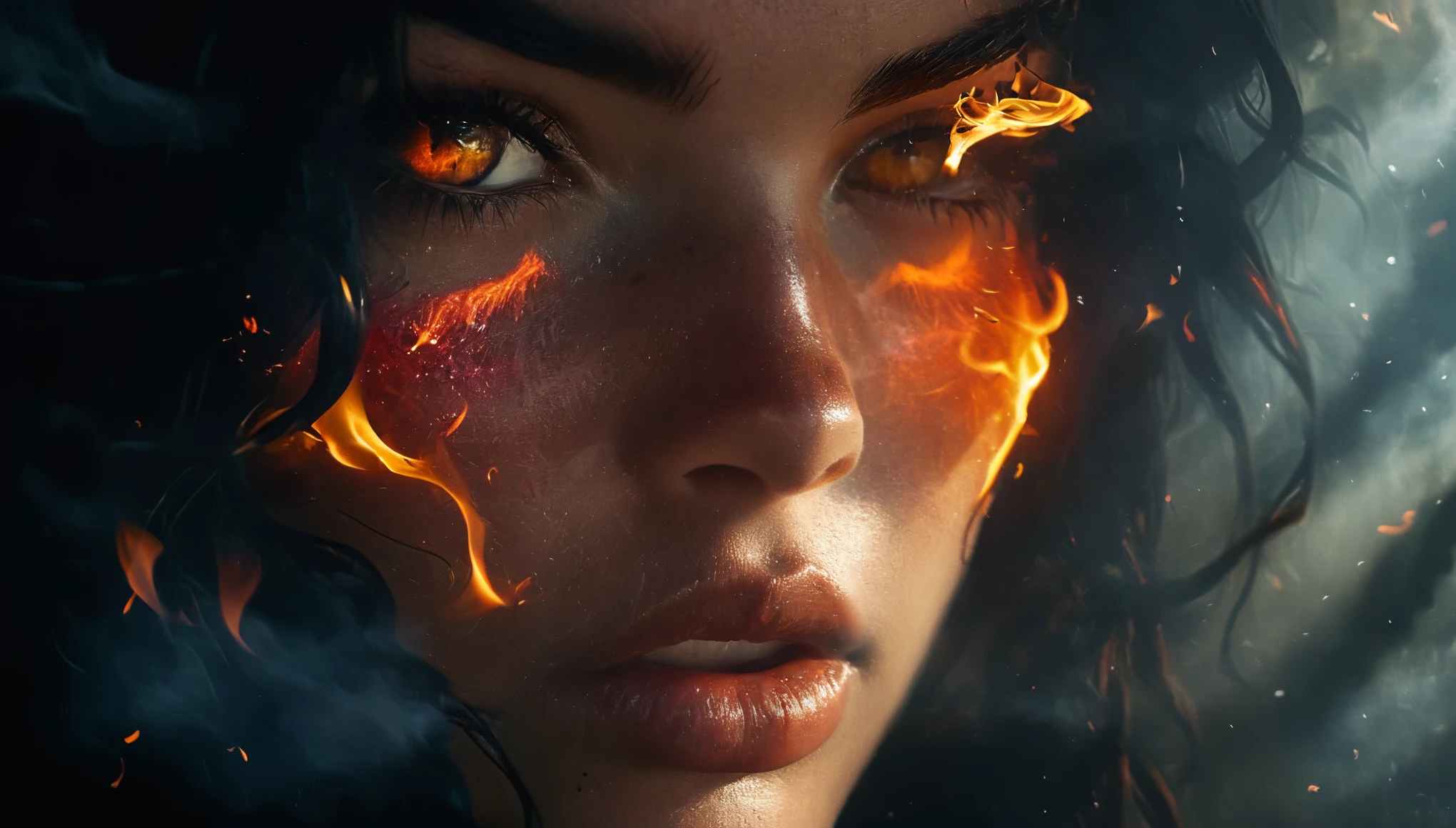 (best quality,absurdres), realistic, 8k, ultra-detailed, (cowboy shot:1.6), (low angle shot:1.6) female lava demon, demonic beautiful woman face, beautiful demon eyes, horns, dangerous look, fiery long hair, part of the hair blown by the wind scatters fiery sparks, part of the hair floats on the surface of the lava, immersed in lava, swimming in lava, head and neck visible, body immersed in hot lava fire element, body made of rocks and lava, fire element, composed of fire elements