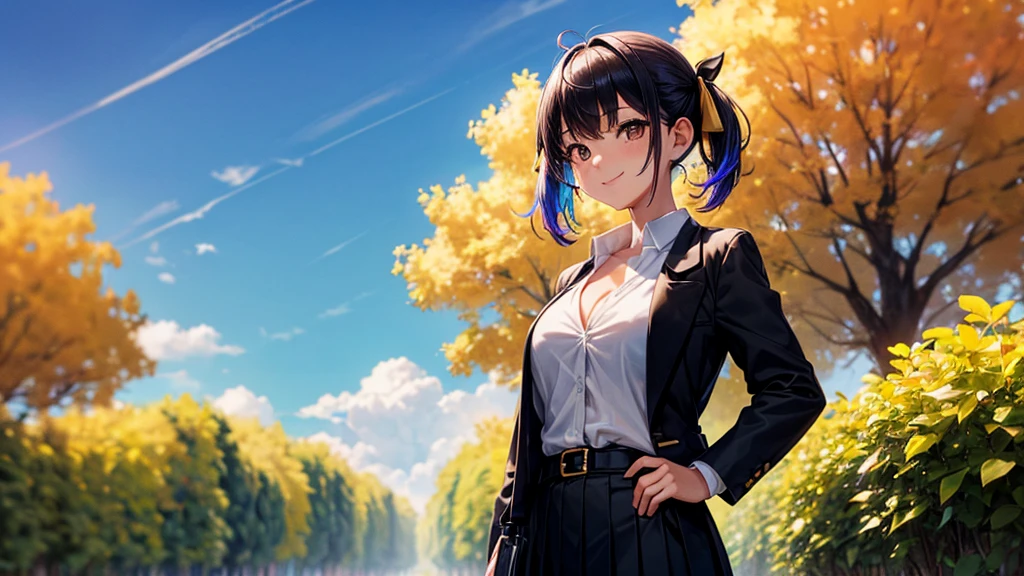 1girl, full body, solo, summer, village, trees, sun, clouds, ((colorful hair)), large breasts, ((black blazer)), button down shirt, ((white shirt)), ((short sleeved shirt)), ((unbuttoned shirt)), unbuttoning buttons, cleavage 1:3, brown eyes, skirt, smile, looking at the viewer, standing, hair ribbon, golden necklate