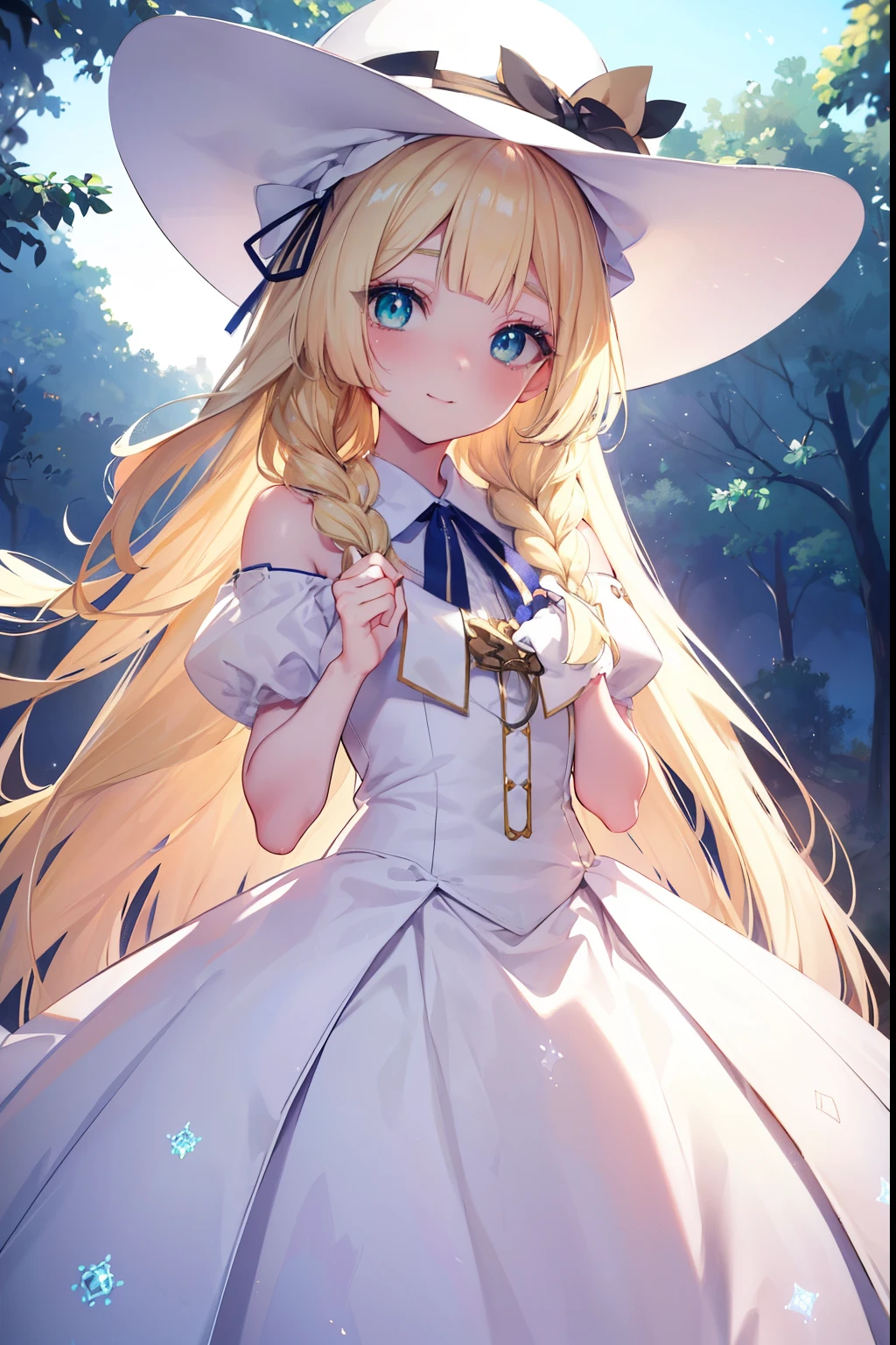 Lillie、Blonde、Green Eyes、Braided long hair、Wearing a big white hat、blush,smile,Regular costume、Have a monster ball、
（masterpiece:1.2), highest quality, High resolution, unity 8k wallpaper, (shape:0.8), (Beautiful and beautiful eyes:1.6), Highly detailed face, Perfect lighting, Highly detailed CG, (Perfect hands, Perfect Anatomy),