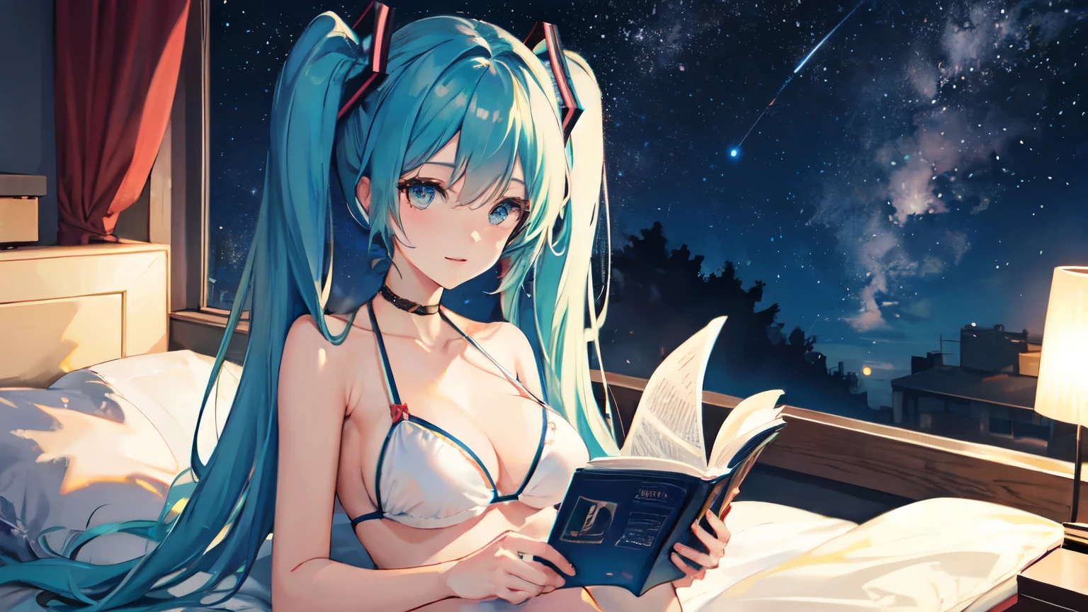 Beautiful starry sky、Reading in bed、Hatsune Miku in a bikini。Large Breasts。whole body。４K