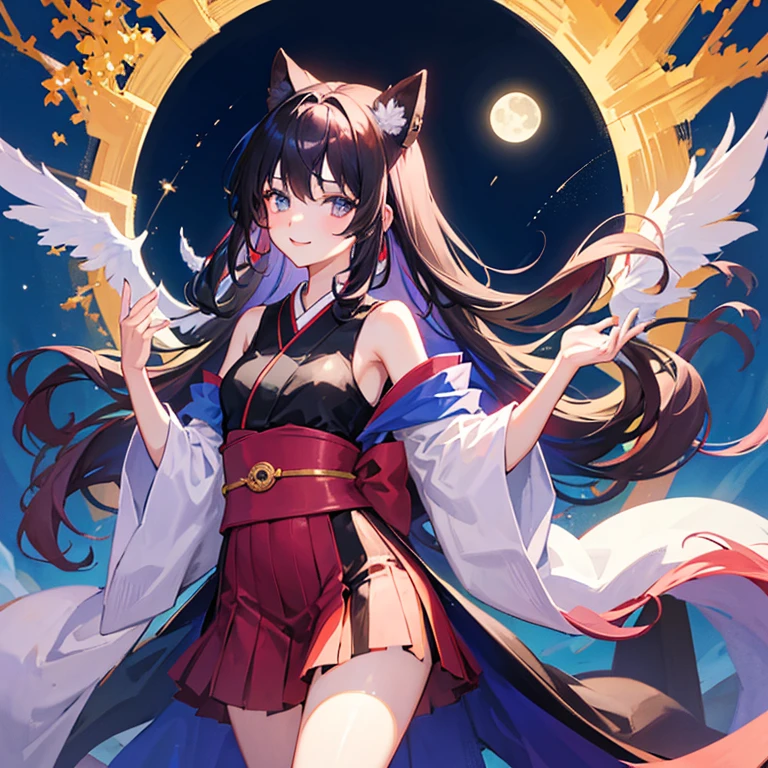 An anime-style beauty, around 20 years old, Japanese, with long black hair, vivid eyes that sparkle, a smiling face, set against a nighttime backdrop with a full moon and a beautiful starry sky.