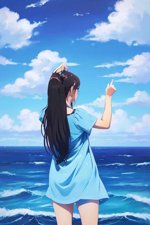 A woman with long hair wearing a dress facing backwards Sky and sea background Oil painting style Anime Art Facing backwards, arms raised up