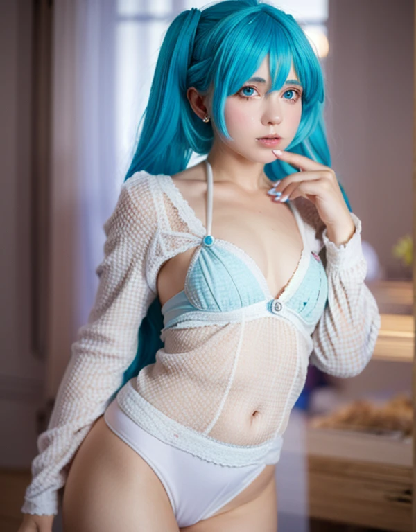 Maximum image quality, ultra high resolution, (real photo: 1.4), 1 Japan person, 18 years old, sky blue hair, long hair, blue eyes, (thin body), smile, cute, small breasts, (buttocks turned towards us)),
back, ((slide the thumb of the left hand into the panties on the hips))),
(shifting panties in the middle), small buttocks, buttocks slightly visible, ((right hand supports the ground)),
small panties, thin legs, short white socks, light makeup, black string tie, sky blue dress, white lingerie visible under the dress, white panties, see-through panties, lace panties, panty crotches, wet in the middle of the panties, ((underhair is see-through on panties)), short skirt, princess line, small teardrop earrings, On the bed, 5 fingers, 2 legs