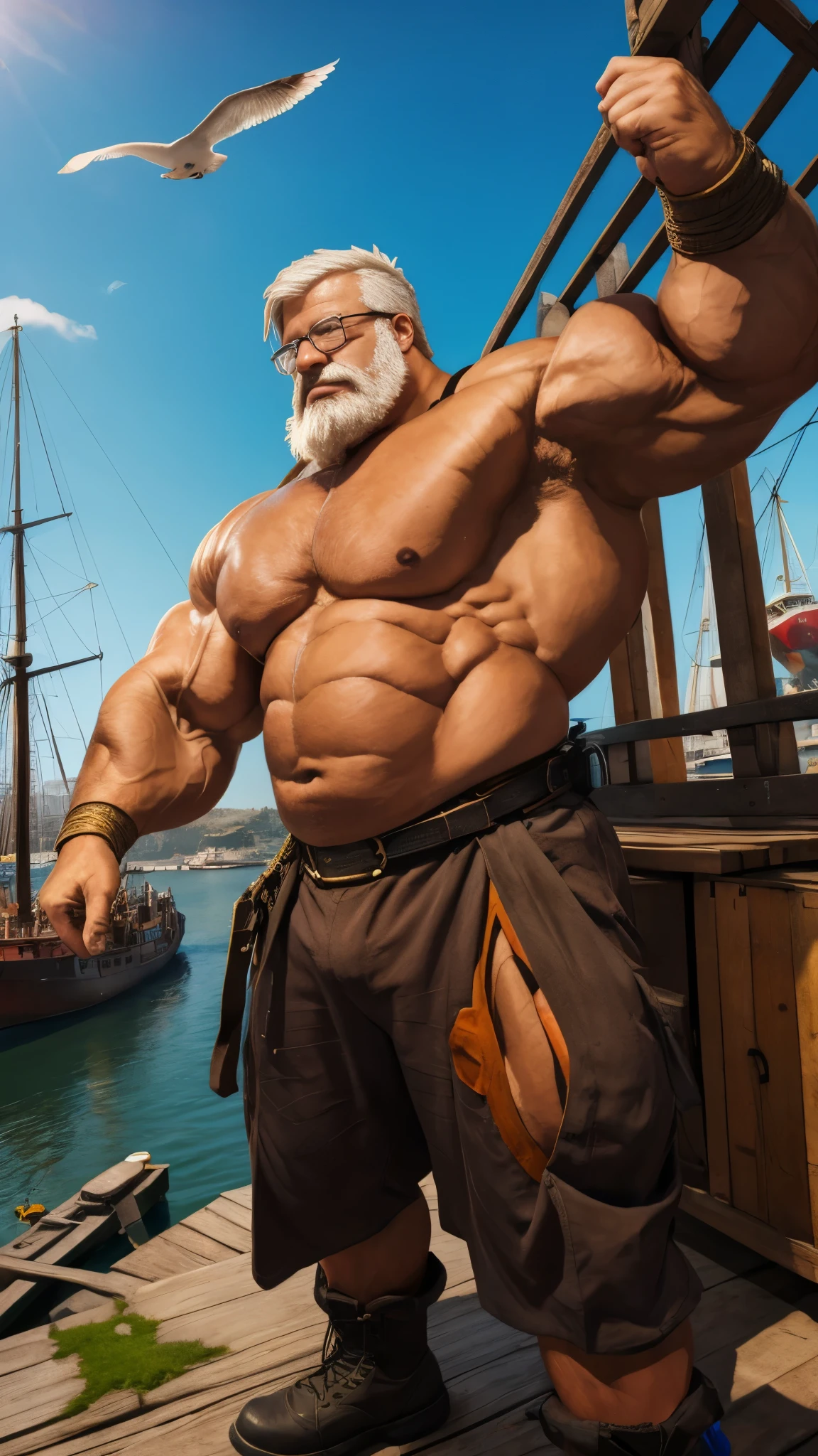 A solo, muscular boy with huge pectorals wearing glasses stands in a harbor, shirtless. He is an old man with short white hair and a thick beard. The scene is full of pirates, creating an adventurous atmosphere. The artwork is a masterpiece, with high detail and resolution of 8k. The muscular boy's pectorals are particularly emphasized, showcasing his strength. The harbor is bustling with activity, with ships, crates, and seagulls in the background. The lighting is dramatic, highlighting the boy's strong physique. Overall, the image exudes a sense of power, adventure, and mastery.