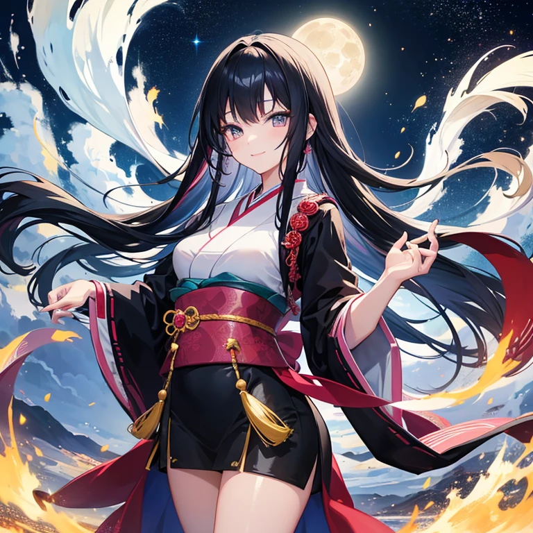 An anime-style beauty, around 20 years old, Japanese, with long black hair, vivid eyes that sparkle, a smiling face, set against a nighttime backdrop with a full moon and a beautiful starry sky.