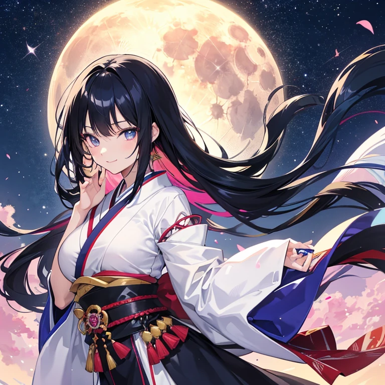 anime、Vibrant colors、Cool beauty、20-year-old、Black Hair、Long Hair、Straight Hair、The bangs are cut above the eyebrows、Narrow eyes、Slanted Eyes、Bright eyes、Sparkling eyes、Large Breasts、Night Sky、full moon、sky blue kimono