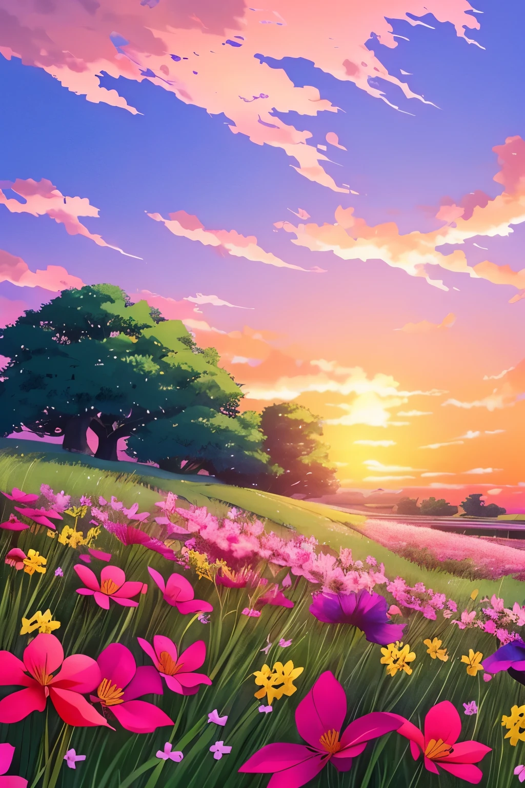 flowers in the grass with a sunset in the background, 🌺 cgsociety, ross tran. scenic background, beautiful anime scene, anime. by makoto shinkai, beautiful illustration, cosmic skies. by makoto shinkai, by Makoto Shinkai, by makoto shinkai, anime beautiful peace scene, by Yang J, makoto shinkai. high detail