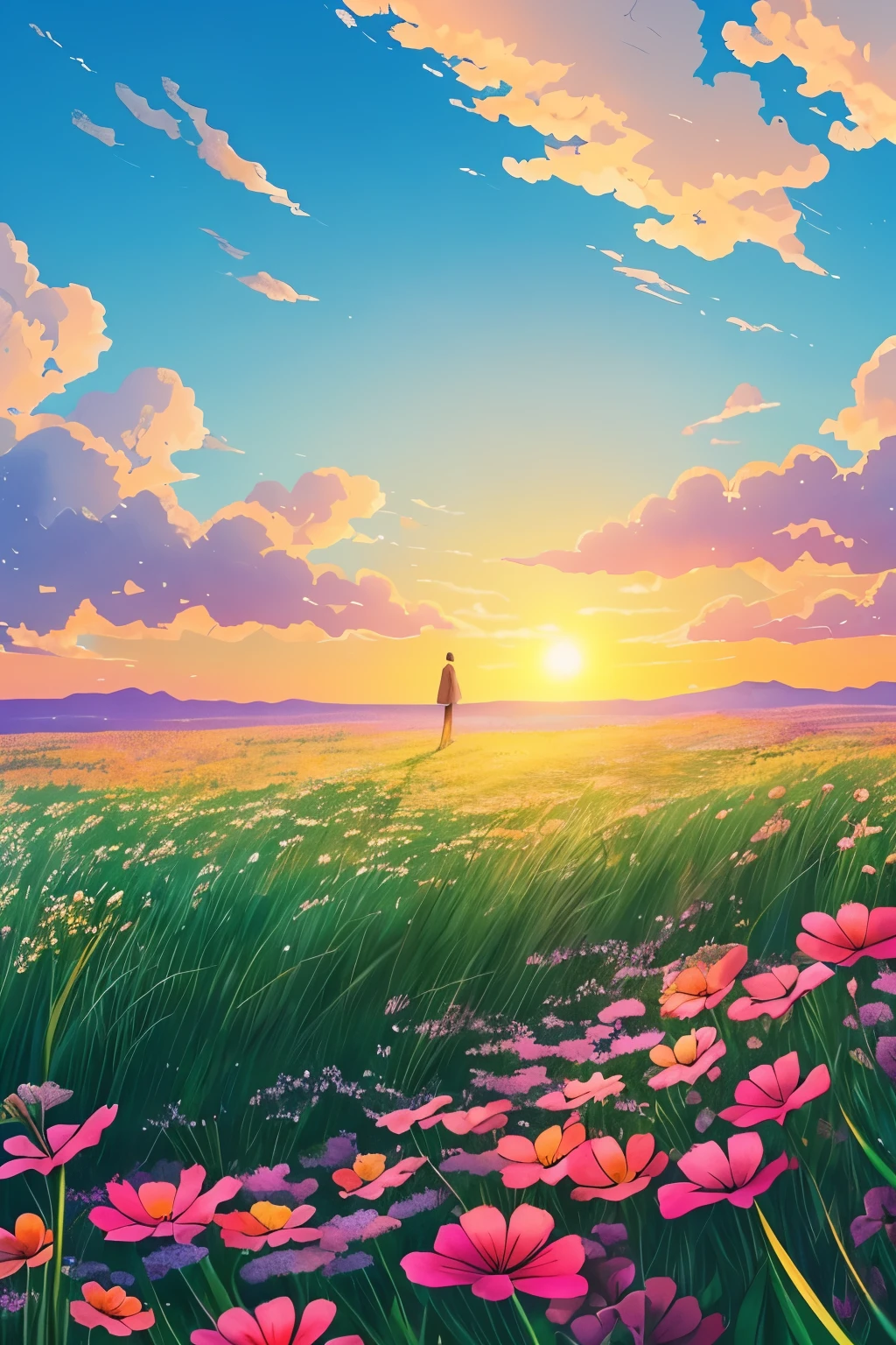 flowers in the grass with a sunset in the background, 🌺 cgsociety, ross tran. scenic background, beautiful anime scene, anime. by makoto shinkai, beautiful illustration, cosmic skies. by makoto shinkai, by Makoto Shinkai, by makoto shinkai, anime beautiful peace scene, by Yang J, makoto shinkai. high detail