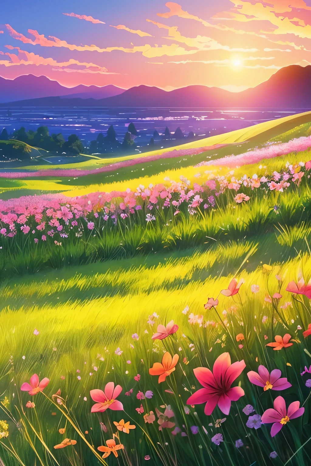 flowers in the grass with a sunset in the background, concept art by Makoto Shinkai, trending on cgsociety, conceptual art, 🌺 cgsociety, ross tran. scenic background, beautiful anime scene, beautiful illustration, anime. by makoto shinkai, cosmic skies. by makoto shinkai, by makoto shinkai, anime beautiful peace scene