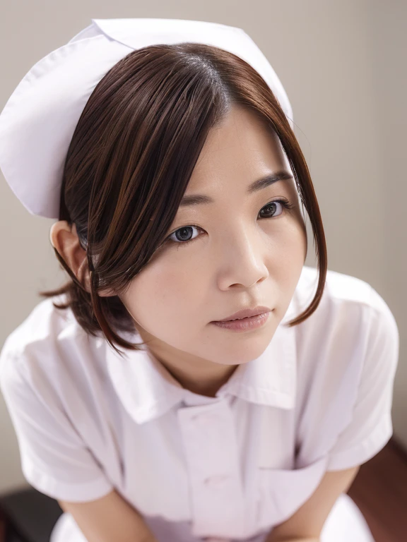 40-year-old woman,1 girl,(Wearing white nurse clothes:1.2),(RAW Photos, highest quality), (Realistic, photo-Realistic:1.4), masterpiece, Very delicate and beautiful, Very detailed, 2k wallpaper, wonderful, finely, Very detailed CG unity 8k wallpaper, Very detailed, High resolution, Soft Light, Beautiful detailed girl, Very detailed eyes and face, Beautiful and sophisticated nose, finely beautiful eyes, nurse, Perfect Anatomy, Black Hair, Upstyle, nurse uniform, ((nurse cap)), Long skirt, nurse, White costume, thin, hospital, clear, White Uniform, hospital room, Neck auscultation,Face close-up