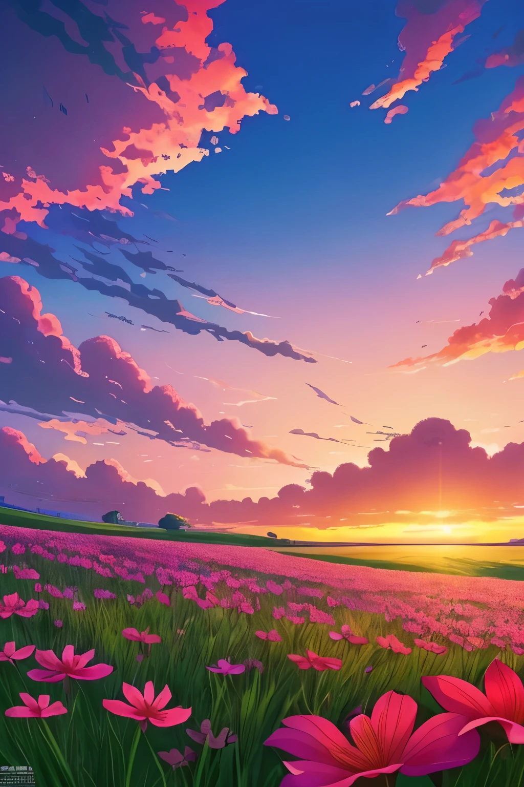 flowers in the grass with a sunset in the background, 🌺 cgsociety, ross tran. scenic background, beautiful anime scene, anime. by makoto shinkai, beautiful illustration, cosmic skies. by makoto shinkai, by Makoto Shinkai, by makoto shinkai, anime beautiful peace scene, by Yang J, makoto shinkai. high detail