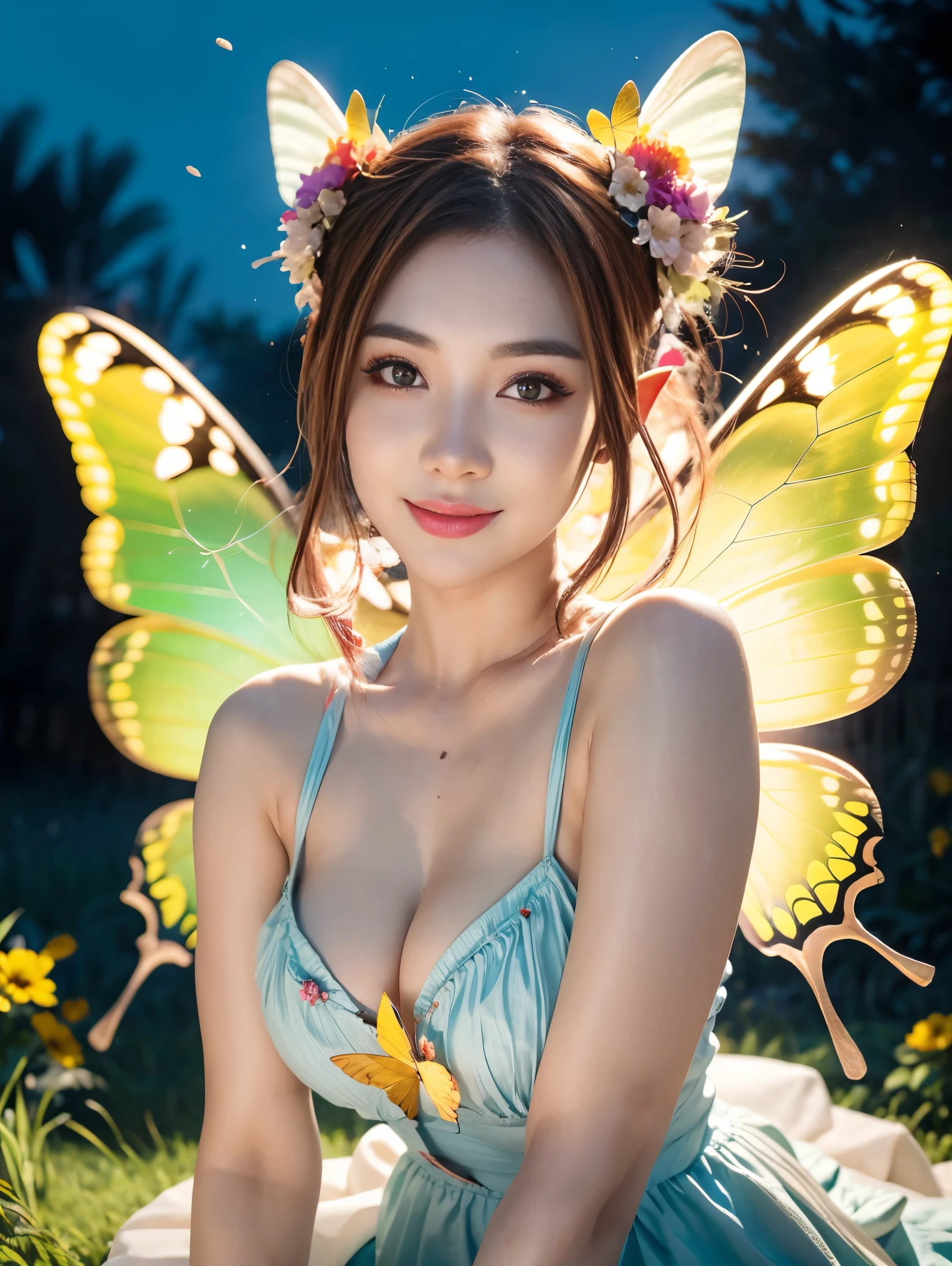 best quality，masterpiece，16k，1girl, antennae, bare shoulders, blue butterfly, blue wings, breasts, butterfly, butterfly hair ornament, butterfly on hand, butterfly wings, cleavage, fairy, fairy wings, flower, flying, glowing butterfly, glowing wings, hair ornament, insect wings, jewelry, medium breasts, multicolored wings, solo, teeth, white butterfly, wings, yellow butterfly, yellow wings,Dawn Elf,dawn,glow,Glowing wings,Dress,Multiple butterflies,Glowing Butterfly,Super large wings
