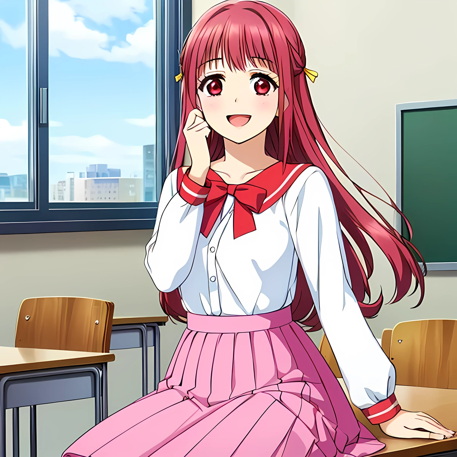 highest quality, (masterpiece:1.2), Very detailed, ((Very beautiful beautiful girl1A person is sitting in a classroom smiling sweetly and seducing the viewer)), ((15 years old)), (((Beautiful long, very shiny peach-colored hair))), She has a big yellow ribbon in her hair., ((Pink sailor suit)), ((Pink pleated long skirt)), ((pinkish white blouse)), puffed sleeves with ivory ribbon on sleeves, (((laughing at me!))), ((((Very beautiful and red eyes)))), ((Very long eyelashes)), Big yellow ribbon bowtie, ((An elegant and gentle expression like a noble princess)), ((Laughing with mouth open)), ((The white light illuminates her face, her beautiful expression and her beautiful hair.)), ((slender)), Very good posture